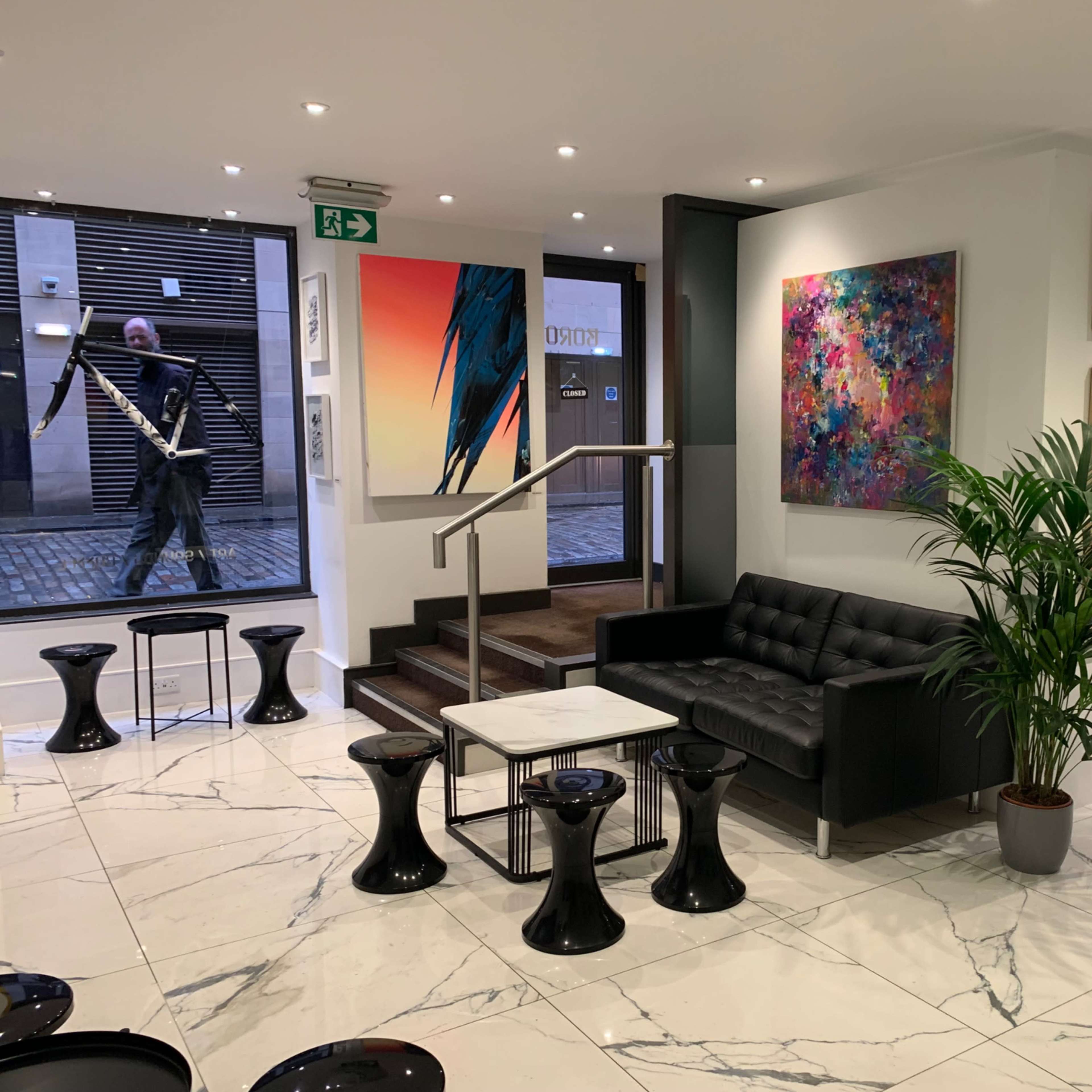 Modern cafe bar lobby in Edinburgh, perfect for casual meetings and networking events.