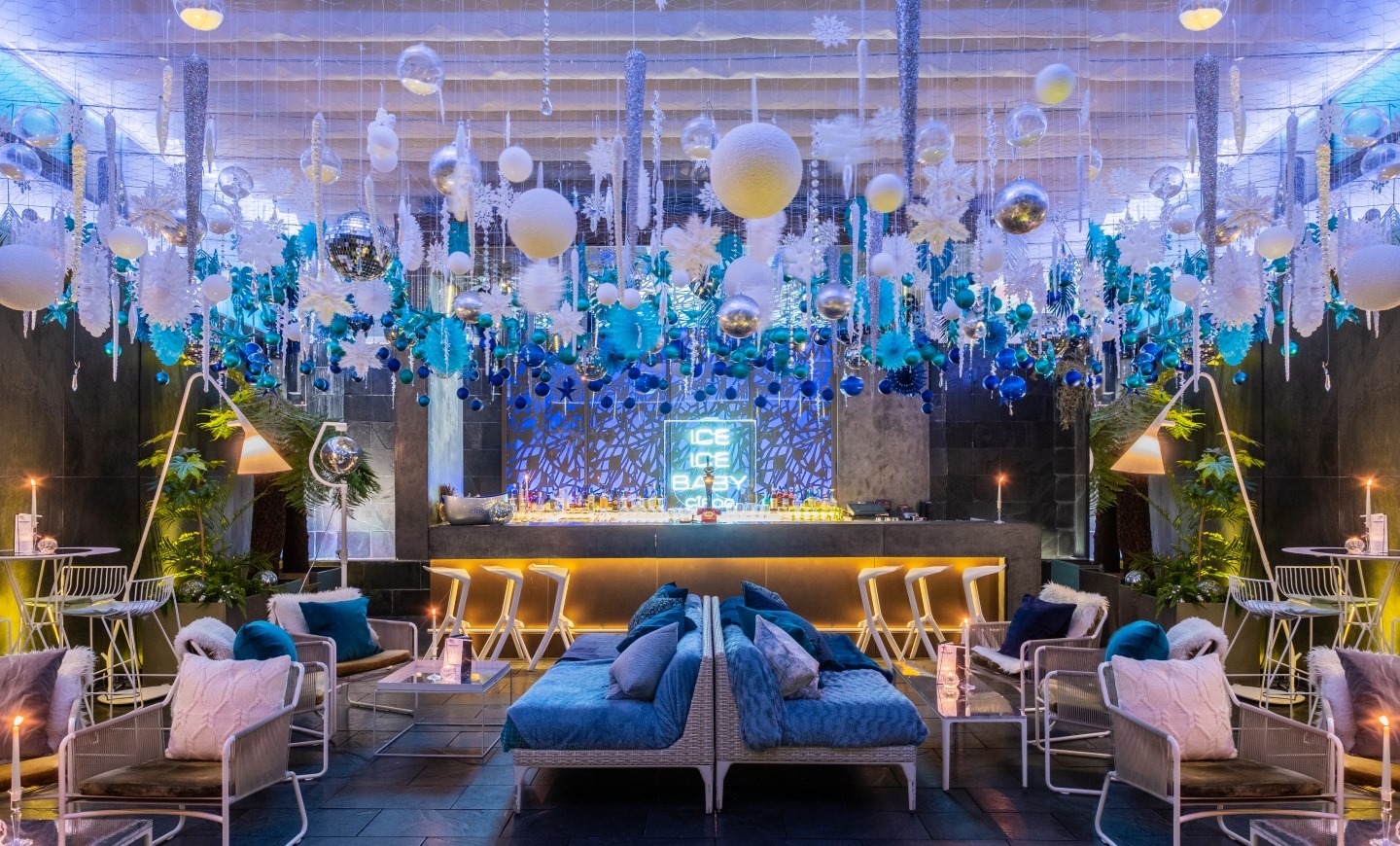 Chic winter-themed event space at 3 Bar, South Place Hotel, perfect for upscale celebrations.