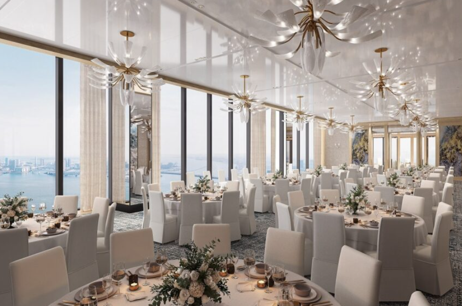 Luxury gala event space at The Sea Fairmont Tokyo with floor-to-ceiling windows.