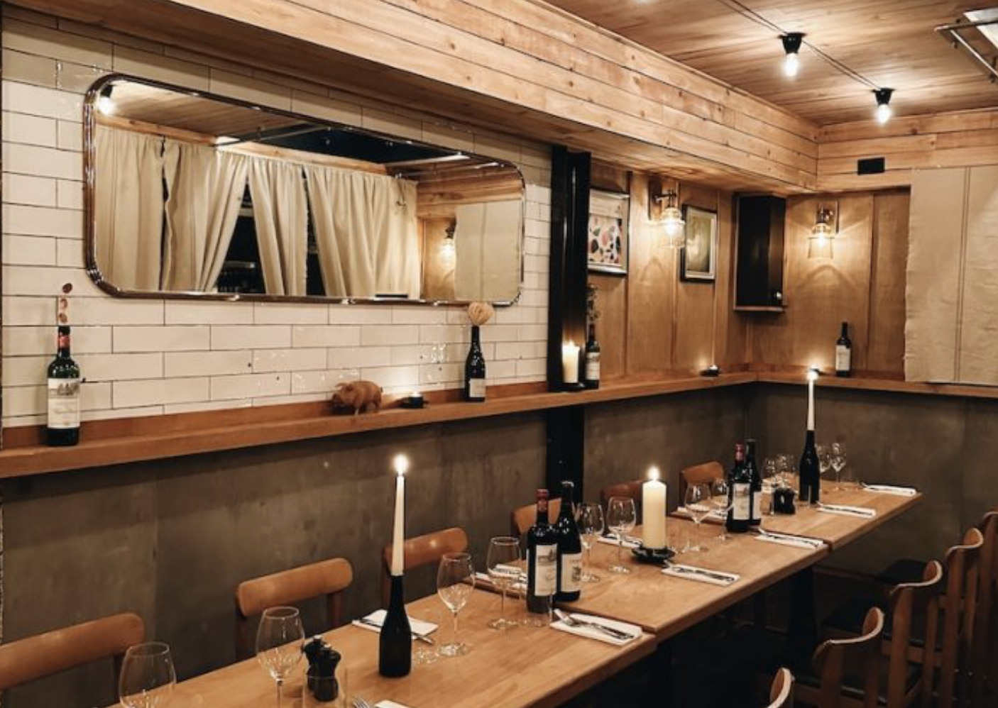 Rustic-chic Tap Room at Fire & Wine for intimate private dining and sophisticated networking events.
