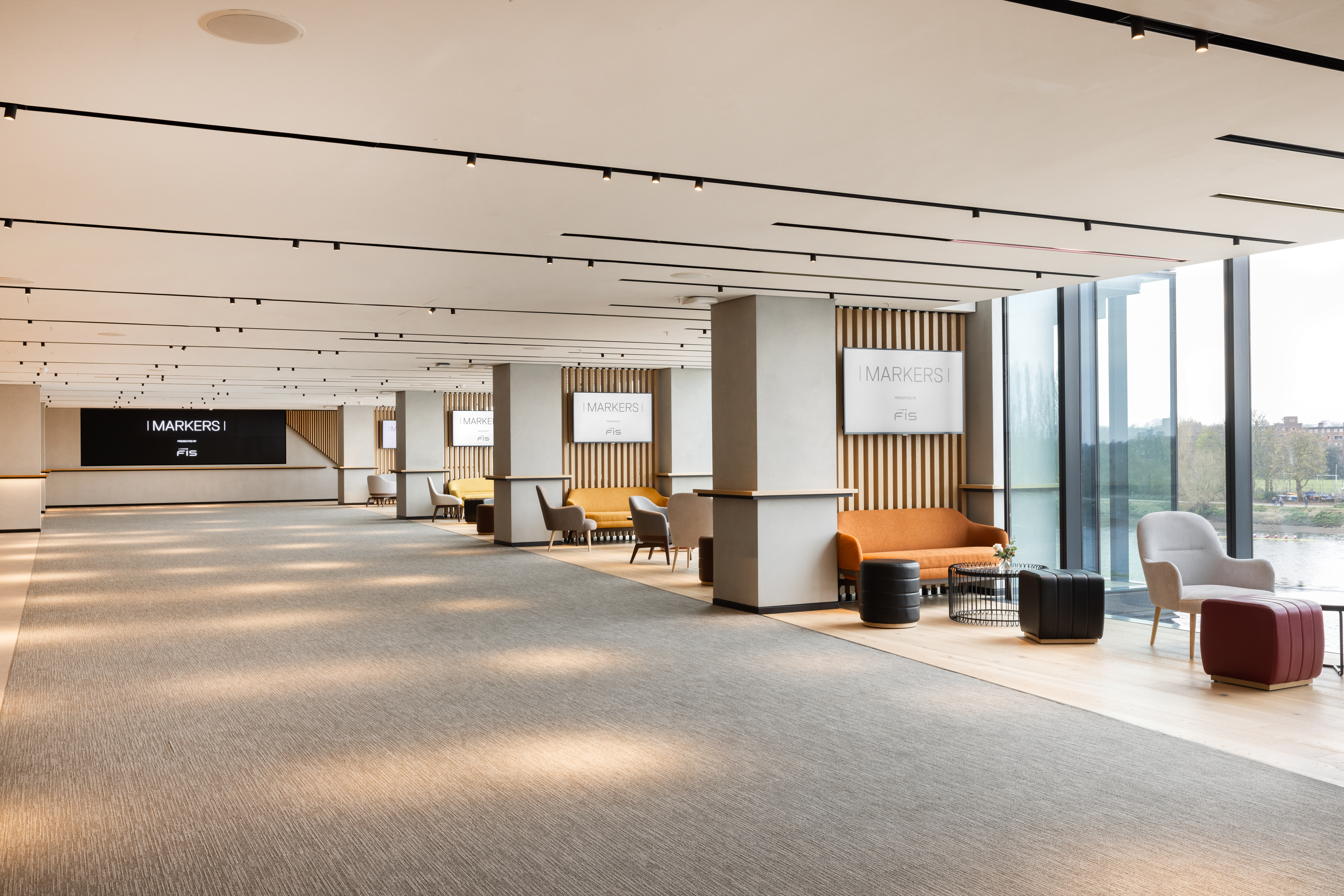 Spacious event space with modern design for meetings and conferences in Fulham Pier.