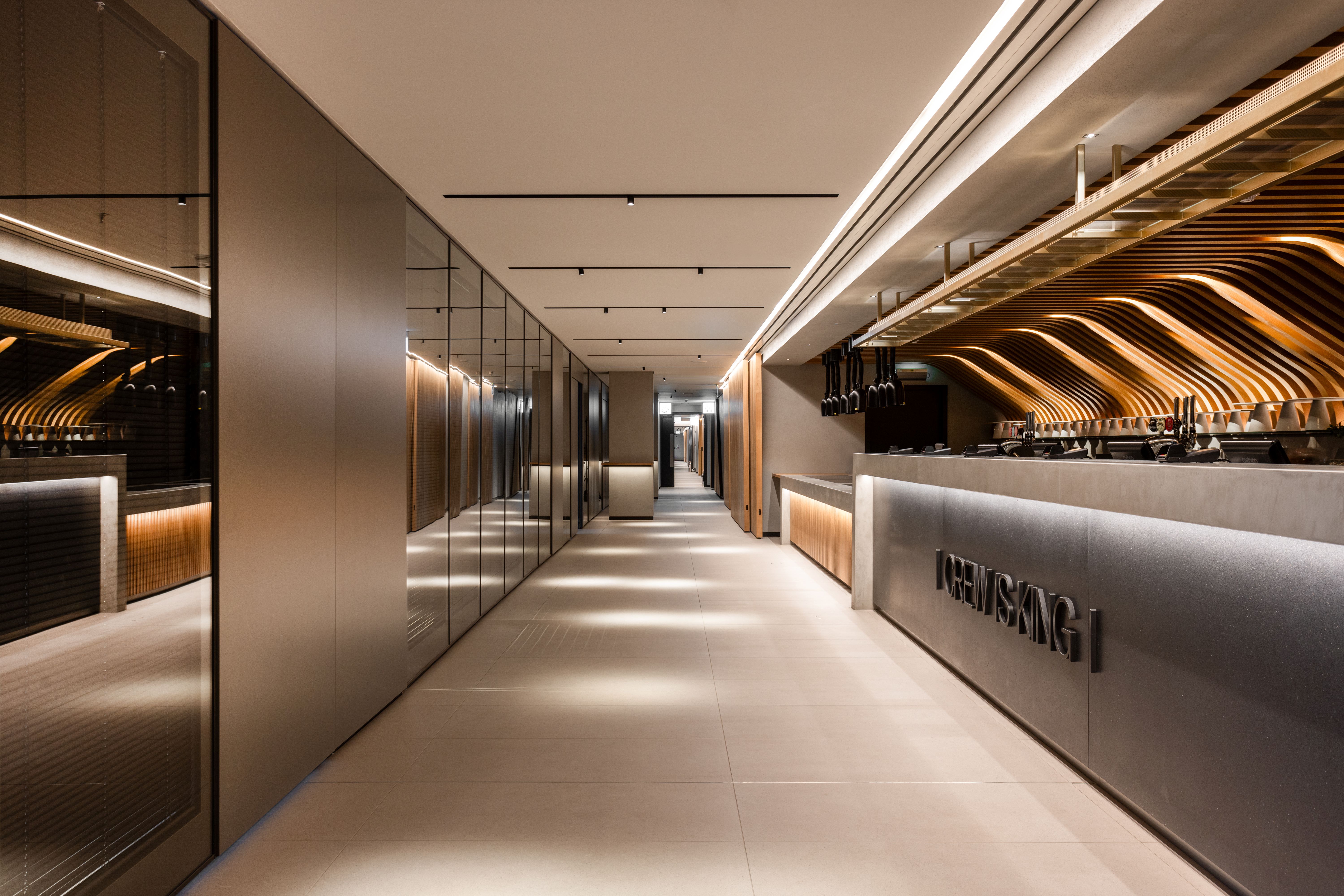 Sleek modern corridor at FIS Fulham Pier, ideal for corporate gatherings and upscale events.