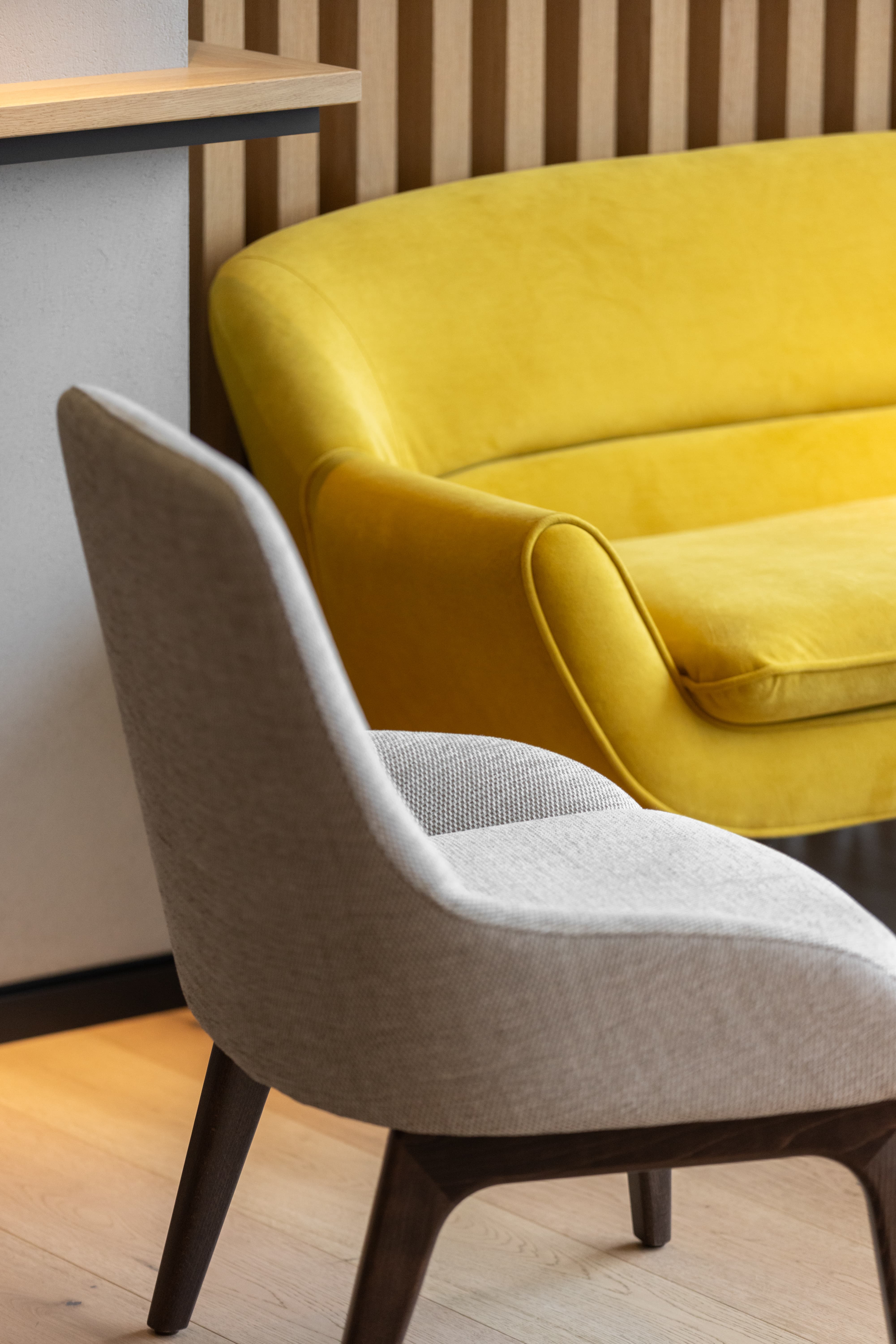 Modern seating arrangement at Fulham Pier for networking events and meetings.