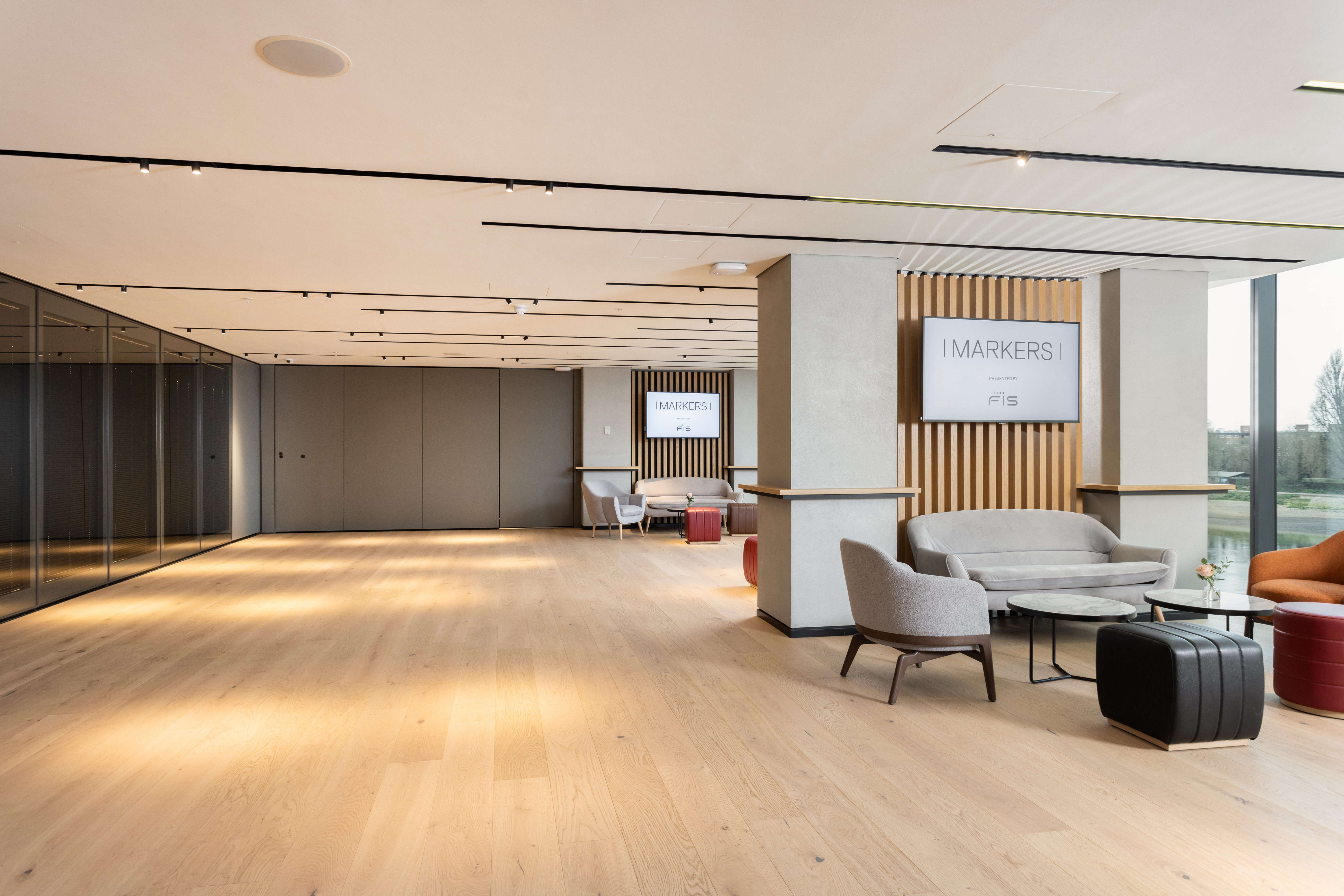 Event space at Fulham Pier with modern decor, ideal for networking and workshops.