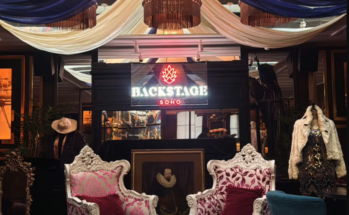 Elegant event space at Backstage Soho with plush seating for upscale gatherings.