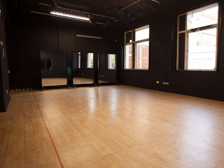 Clean Break London studio space: industrial, hardwood floor, creative workshop and yoga venue.