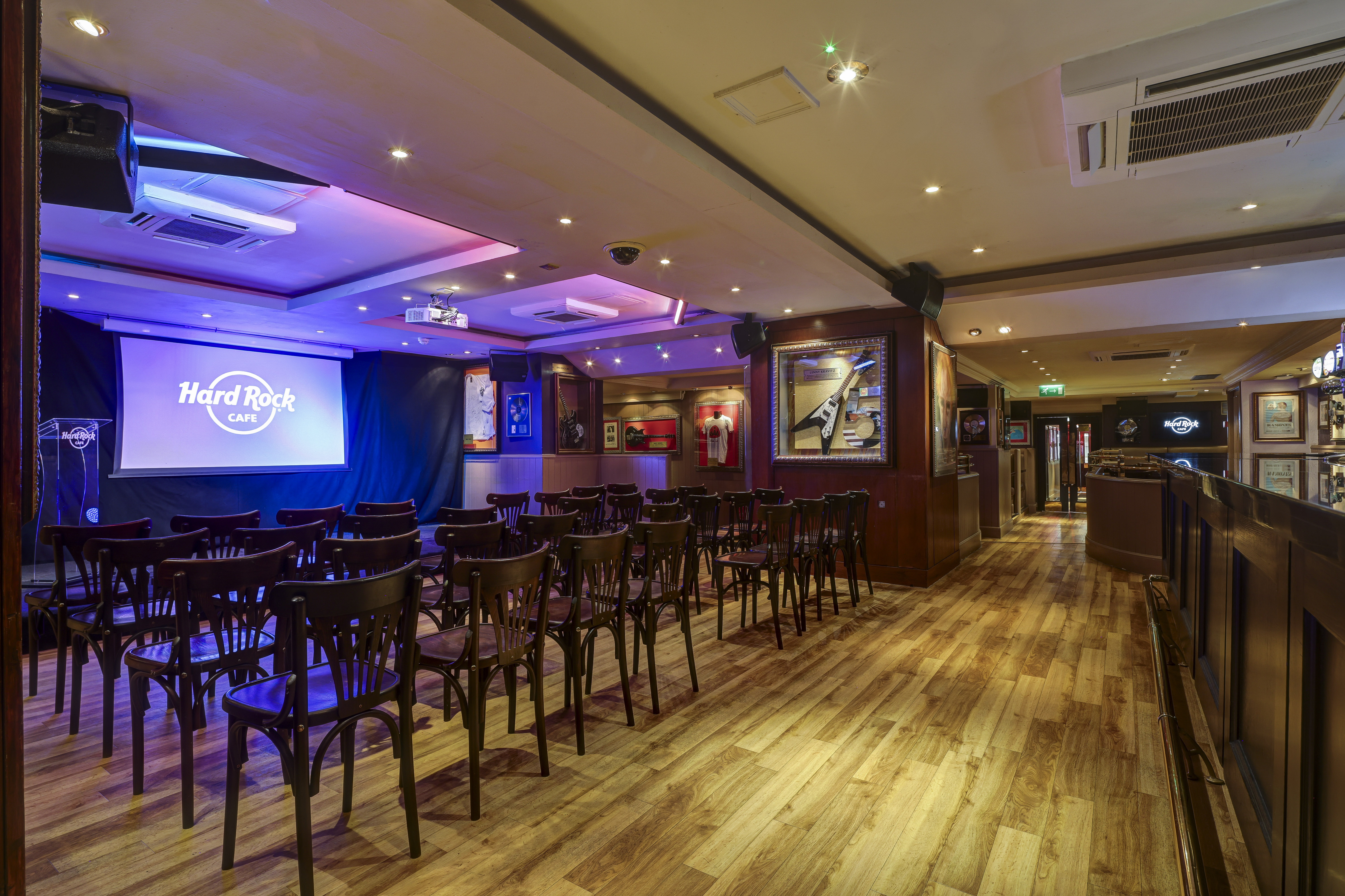 Meetings & presentations setup at Hard Rock Cafe London with customizable backdrop.