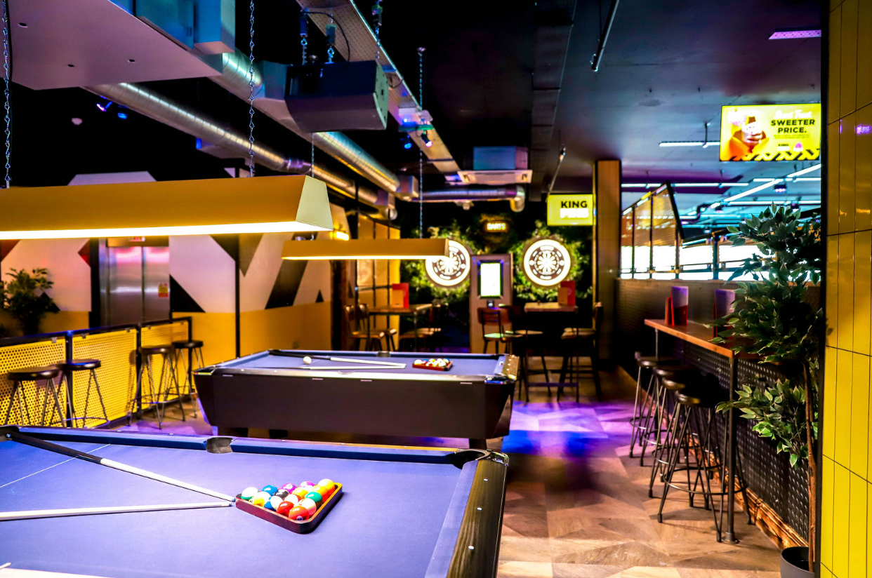 Vibrant event space with billiards at King Pins, Bristol for networking and team-building.