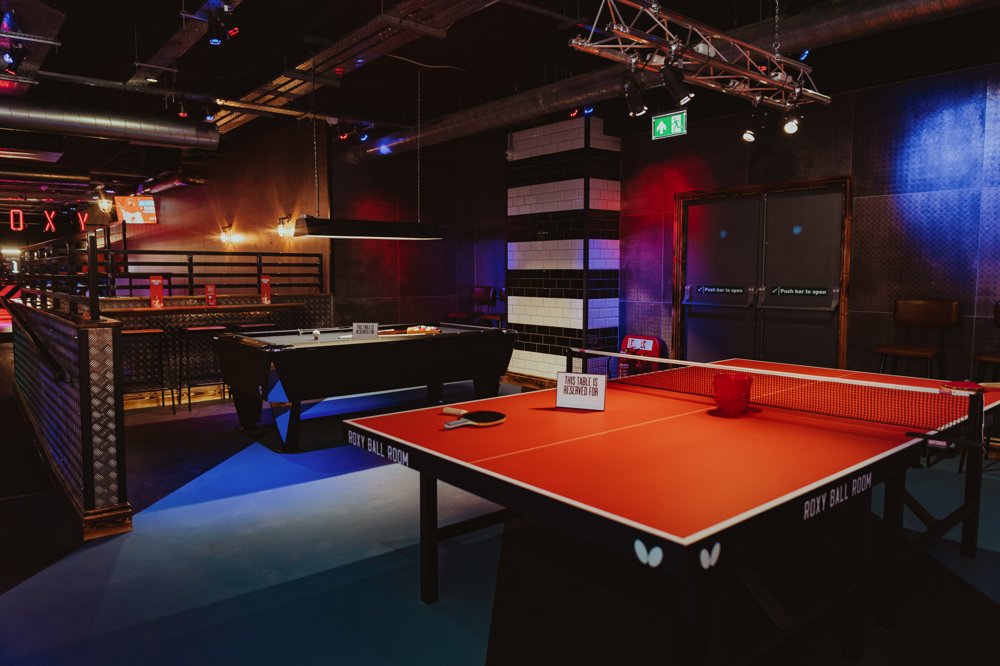 Vibrant Roxy Ball Room venue with pool and ping pong for corporate events in Birmingham.