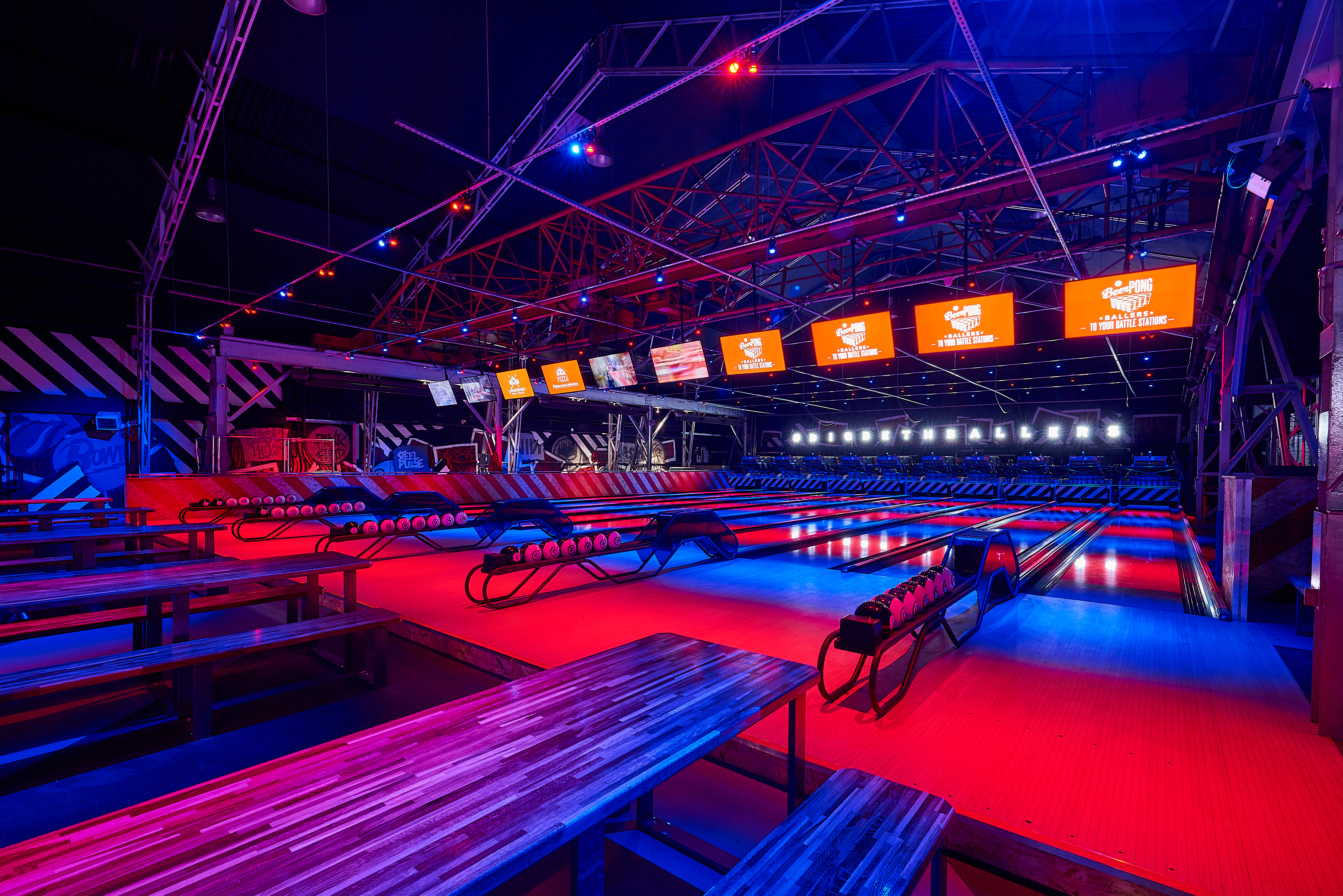 Full venue hire for events in Roxy Lanes, Birmingham, featuring vibrant bowling lanes.