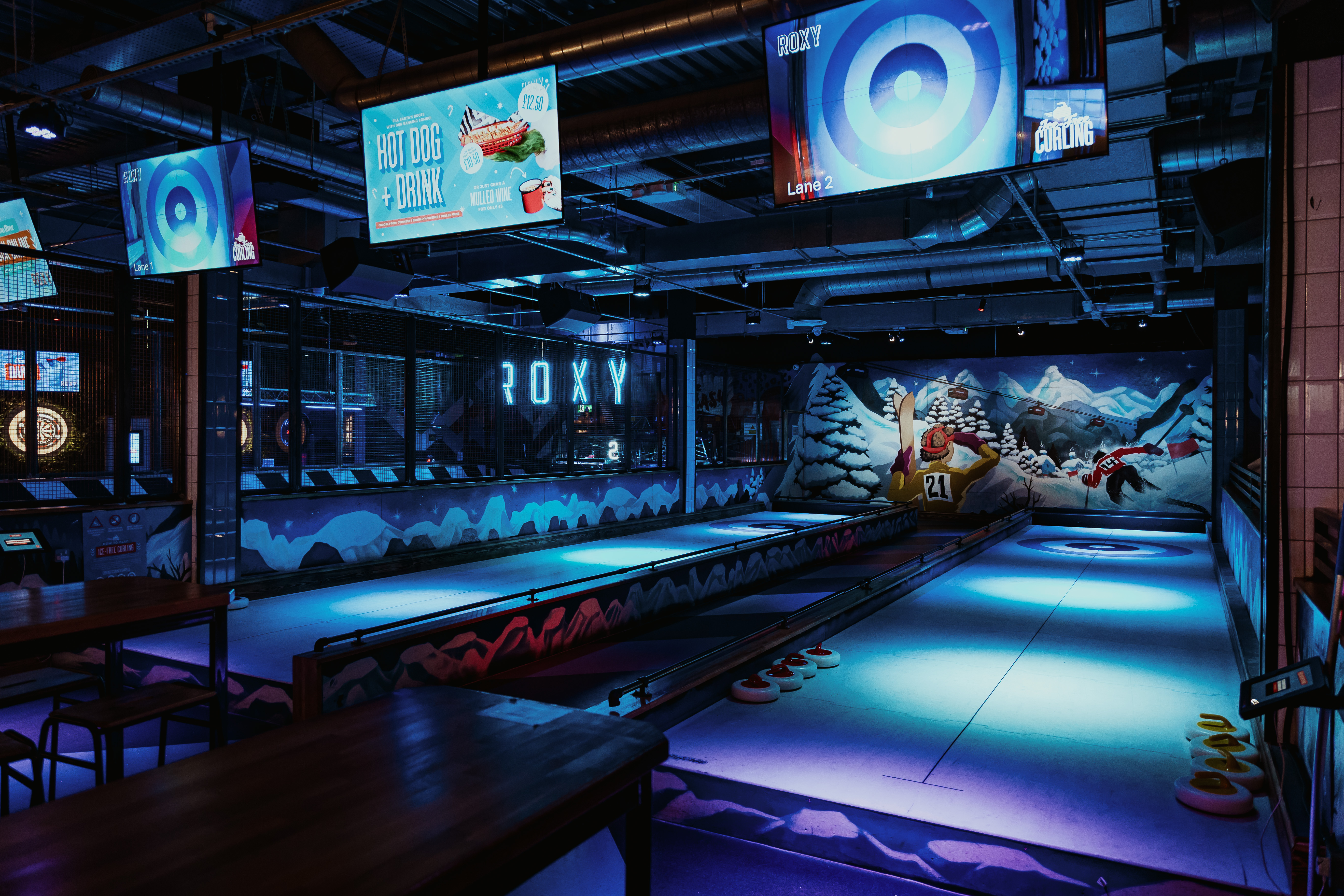 Vibrant event space at The Lodge, Roxy Lanes Bristol for social gatherings and team-building.