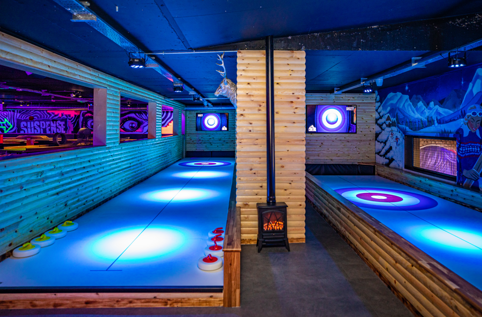 Vibrant event space with illuminated curling lanes at The Lodge, Roxy Ball Room Sheffield.