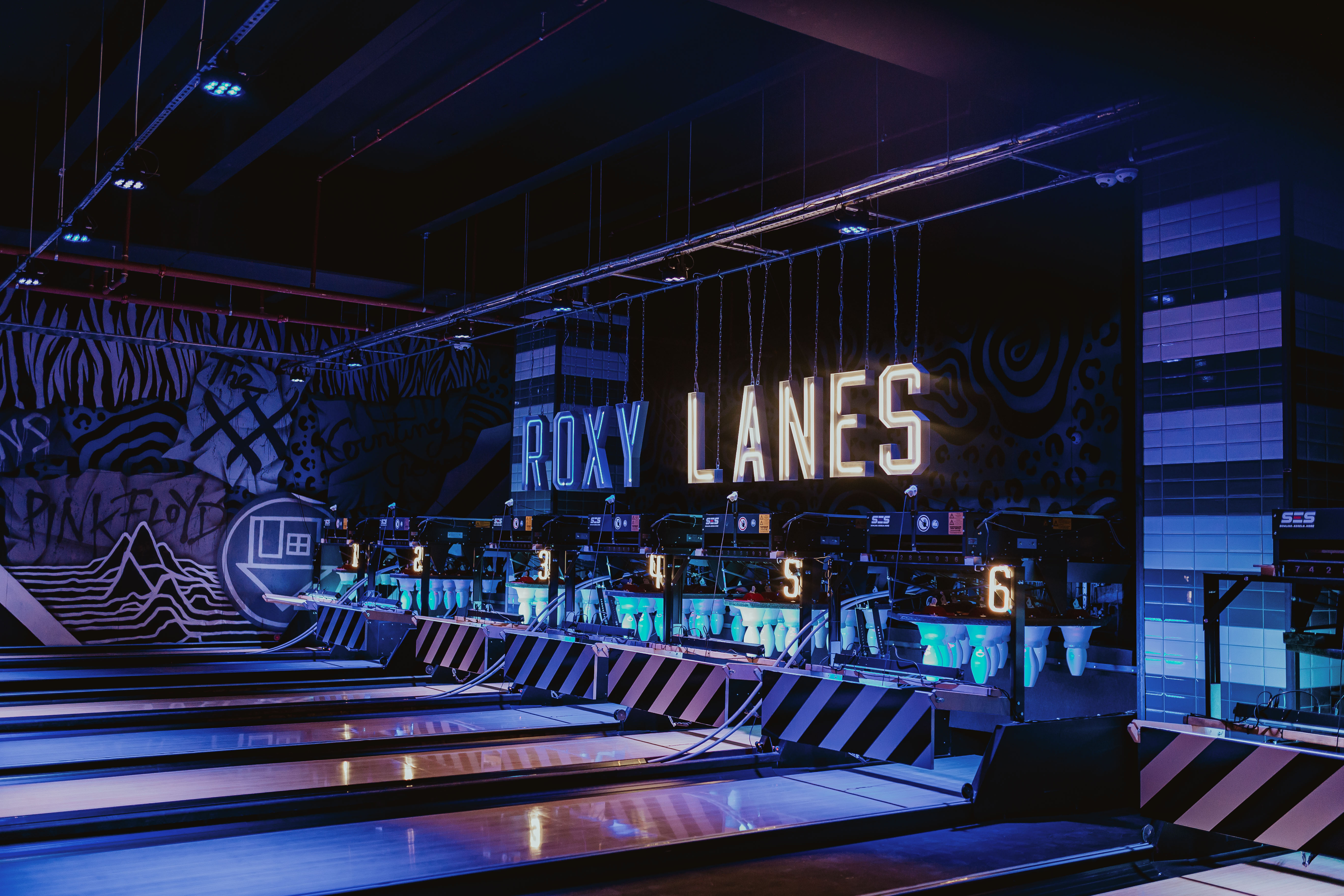 Vibrant bowling alley at Roxy Lanes, ideal for corporate events and team-building.