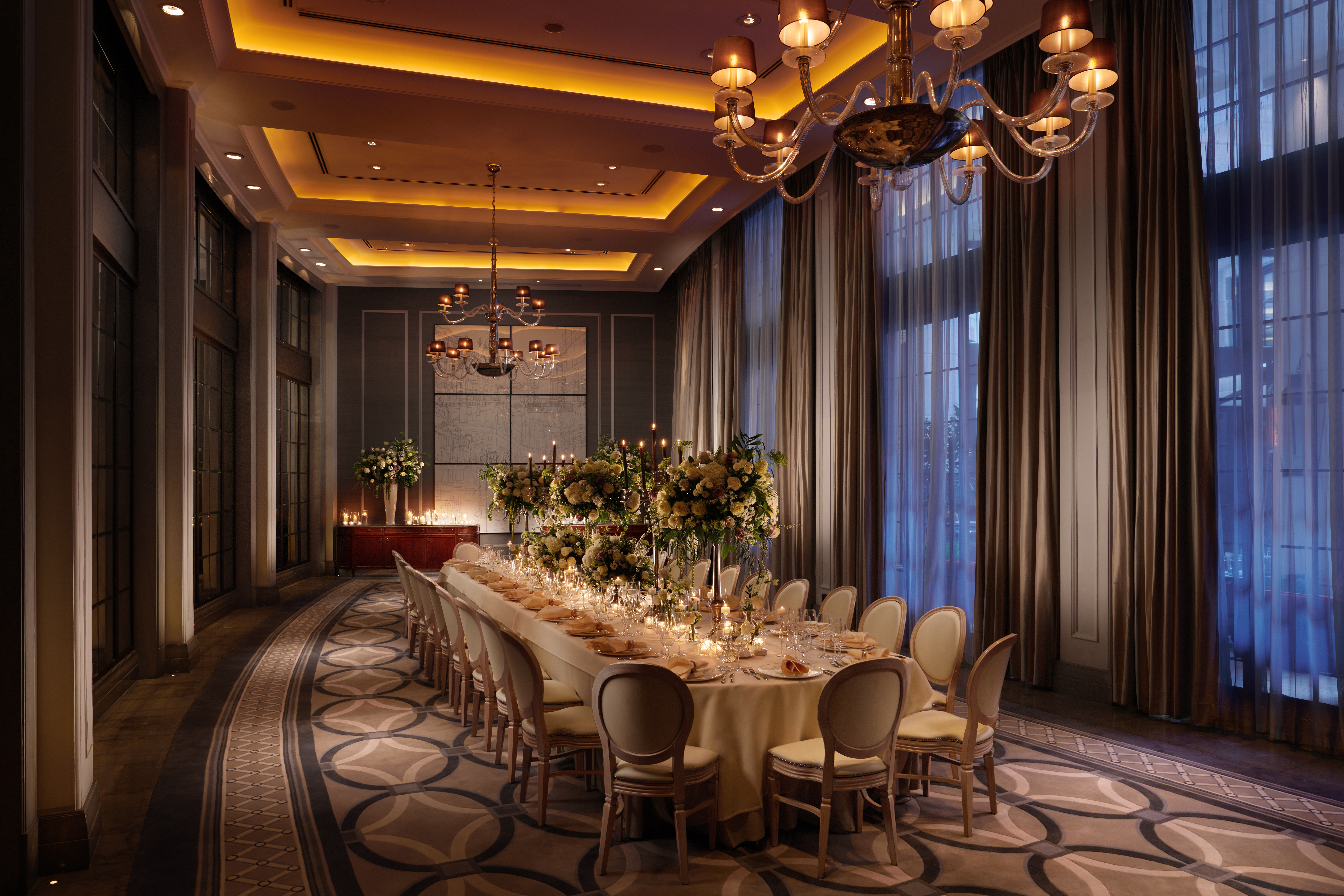 Elegant banquet room in The Courtroom, Corinthia London – ideal for upscale events.
