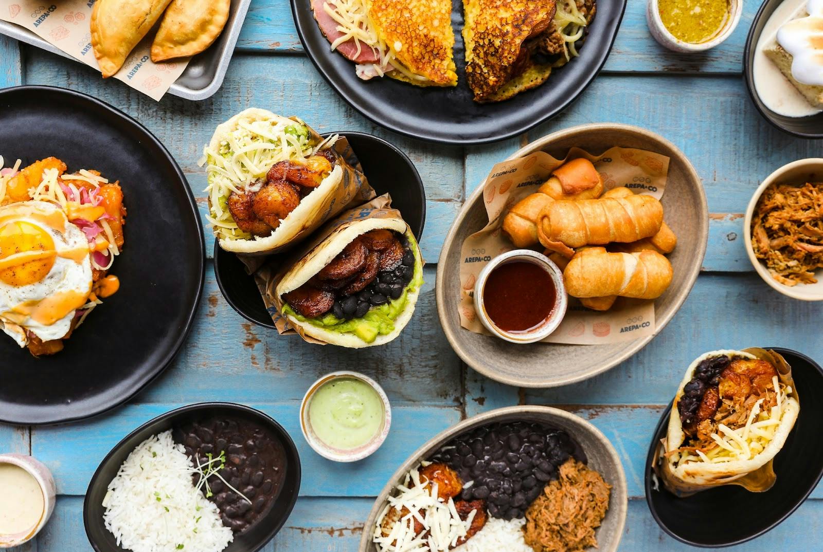 Arepa & Co Brixton rustic brunch spread for team lunch and networking events.