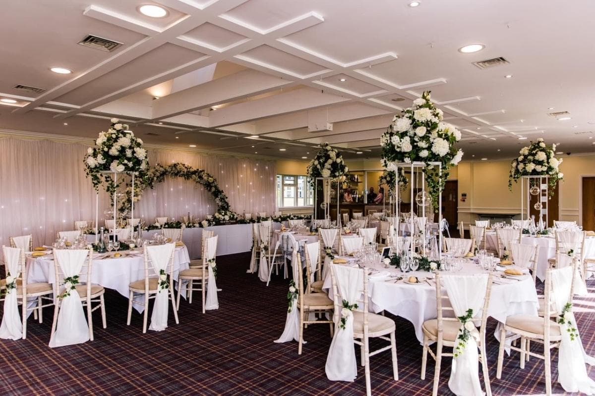 Shropshire Suite wedding reception with elevated floral centerpieces for elegant event venues.