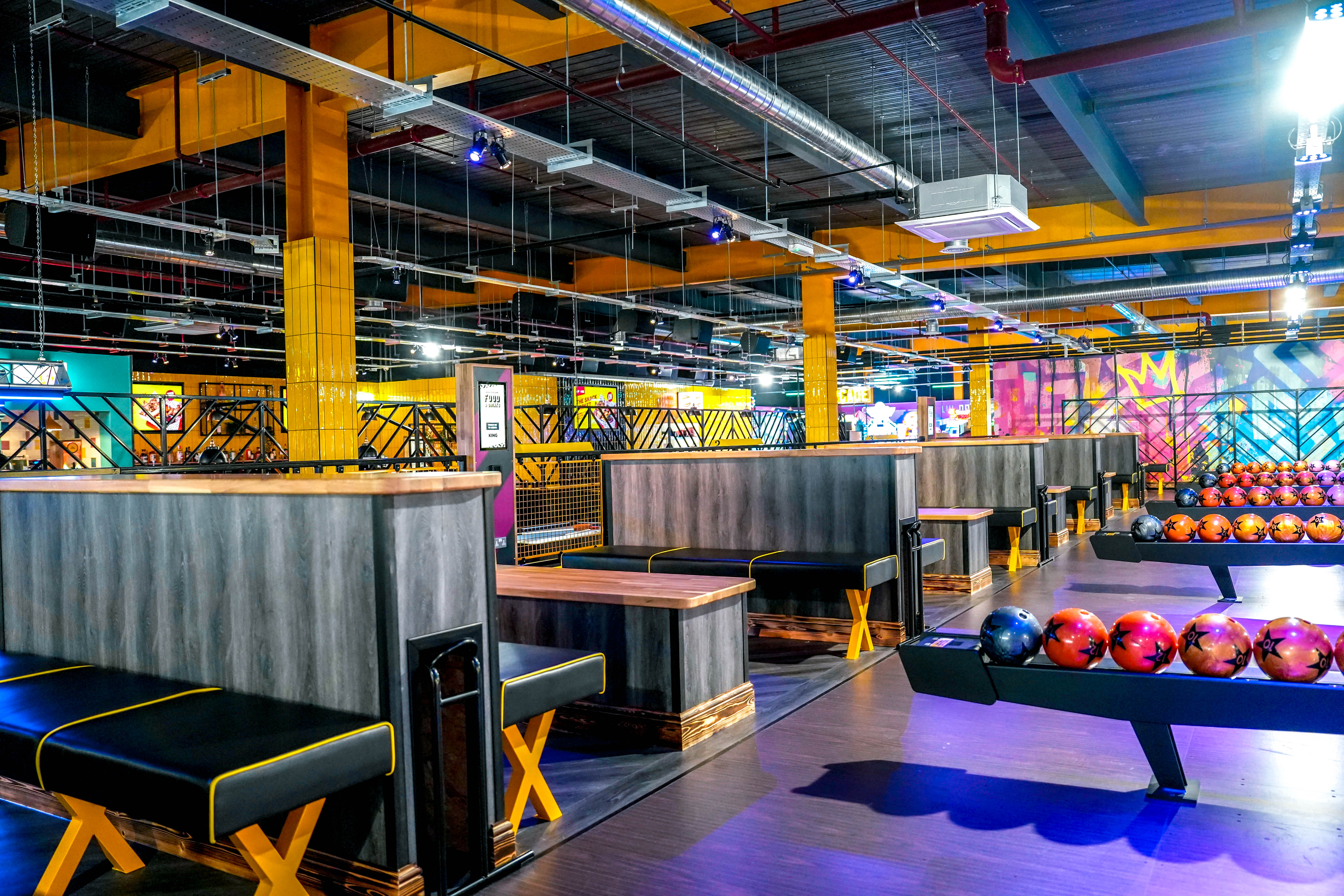 Vibrant bowling venue at King Pins Leeds for corporate events and team-building activities