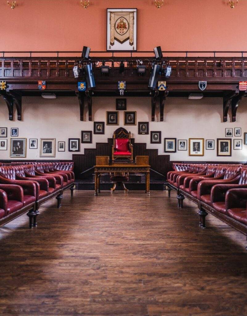 Debating Chamber at The Cambridge Union, elegant throne seating for events and discussions.