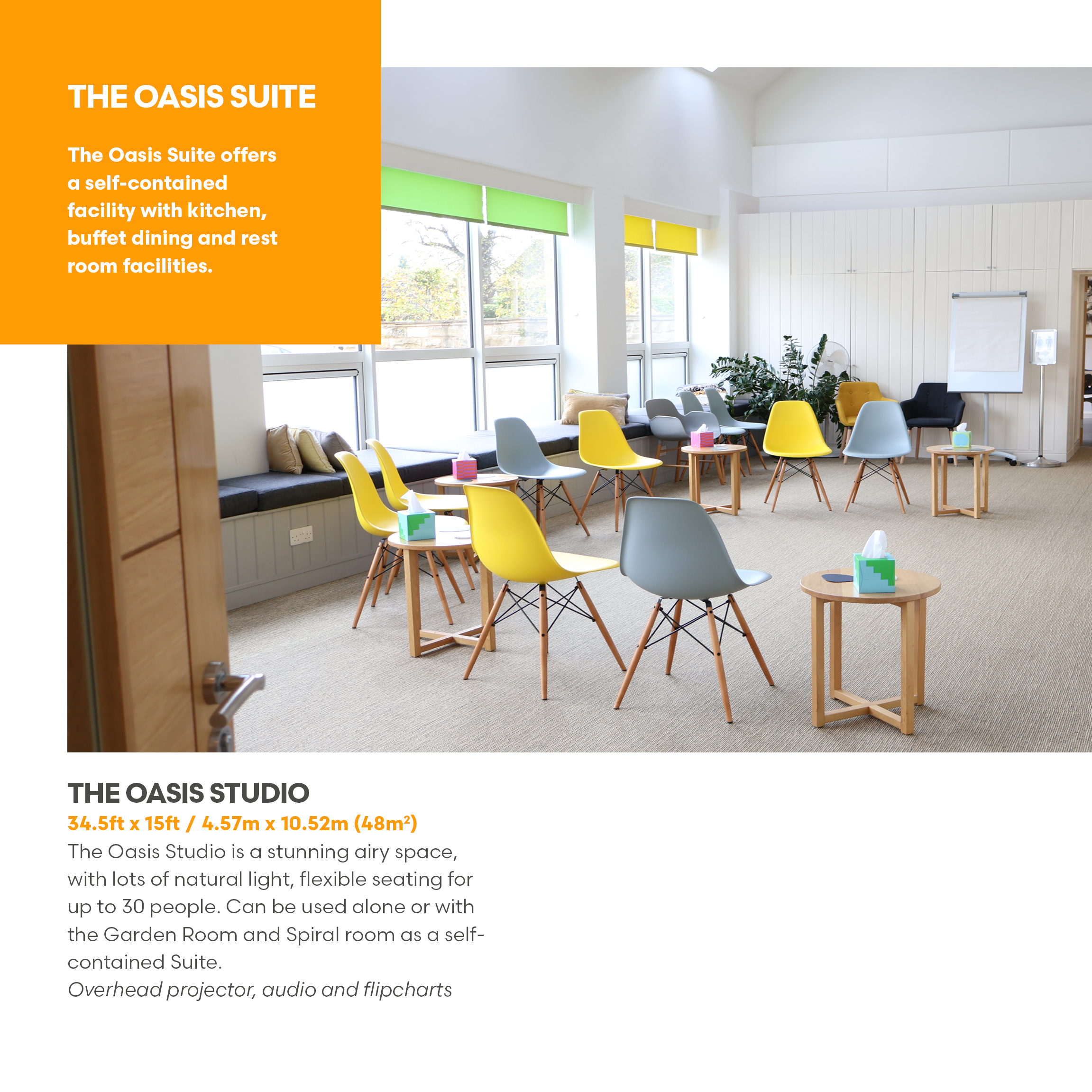 Oasis Studio meeting space with bright layout, ideal for workshops and team gatherings.