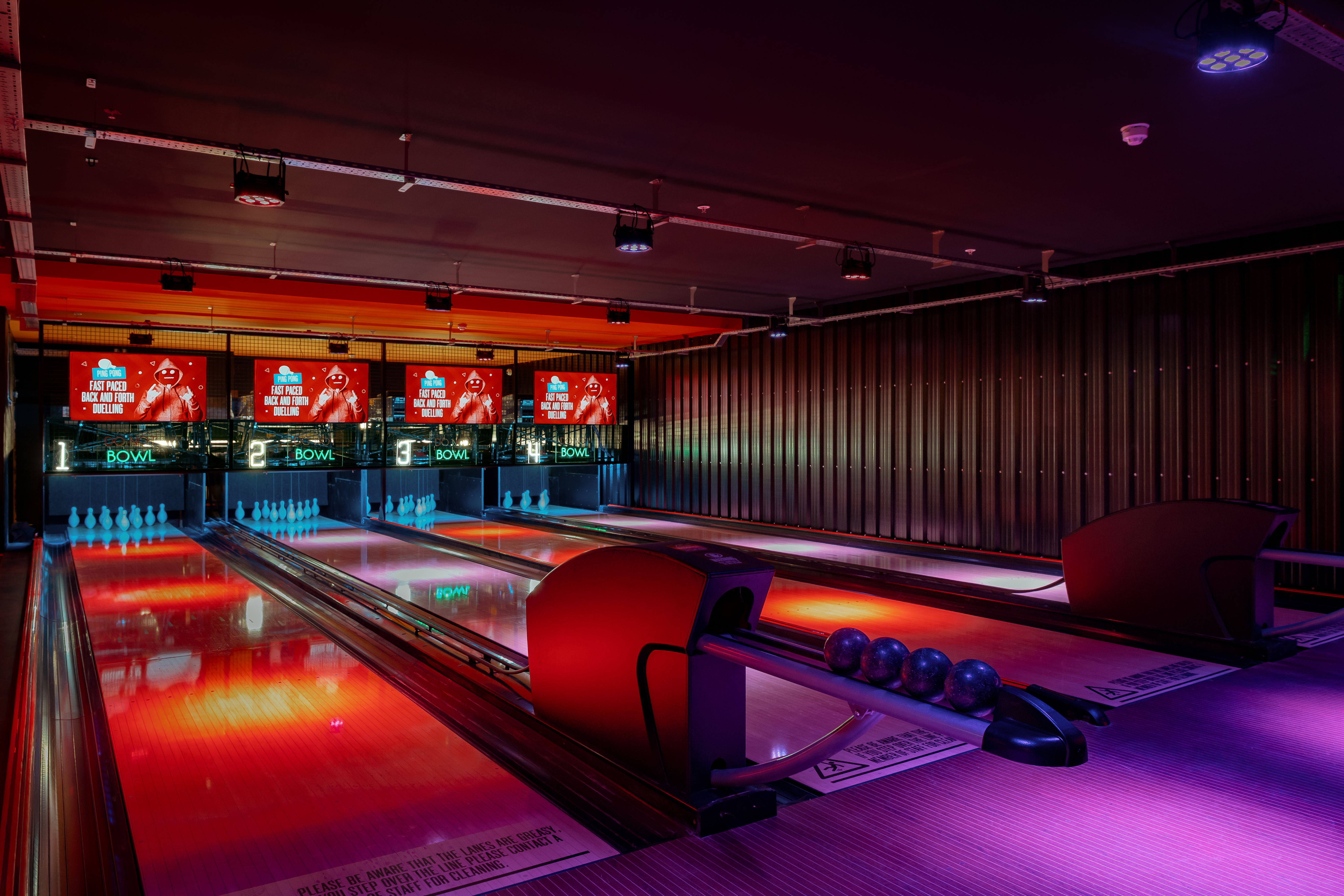 Modern duck pin bowling alley at Roxy Ball Room, ideal for events and team-building.