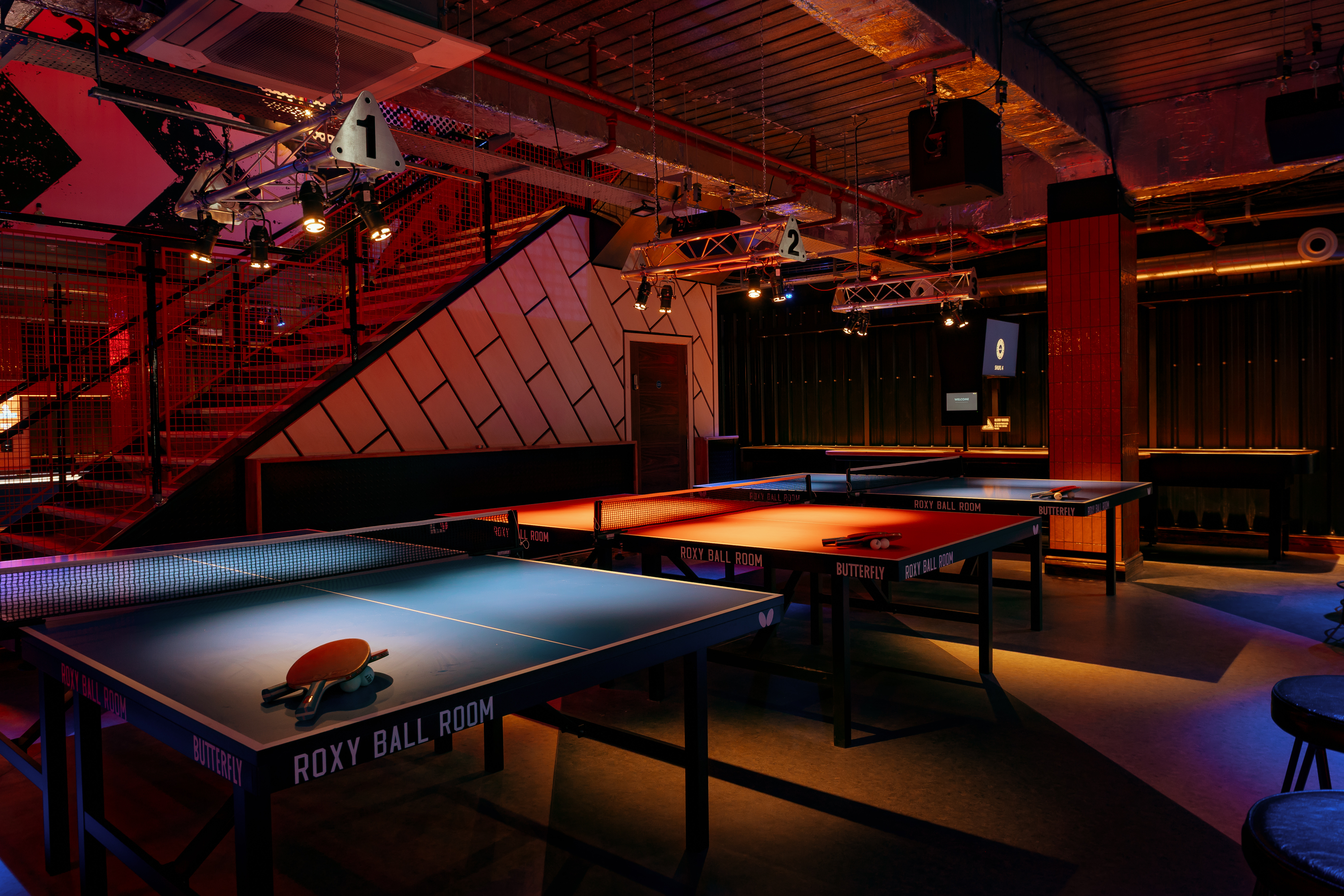 Tournament Area with ping pong tables for corporate events in Roxy Ball Room, London.