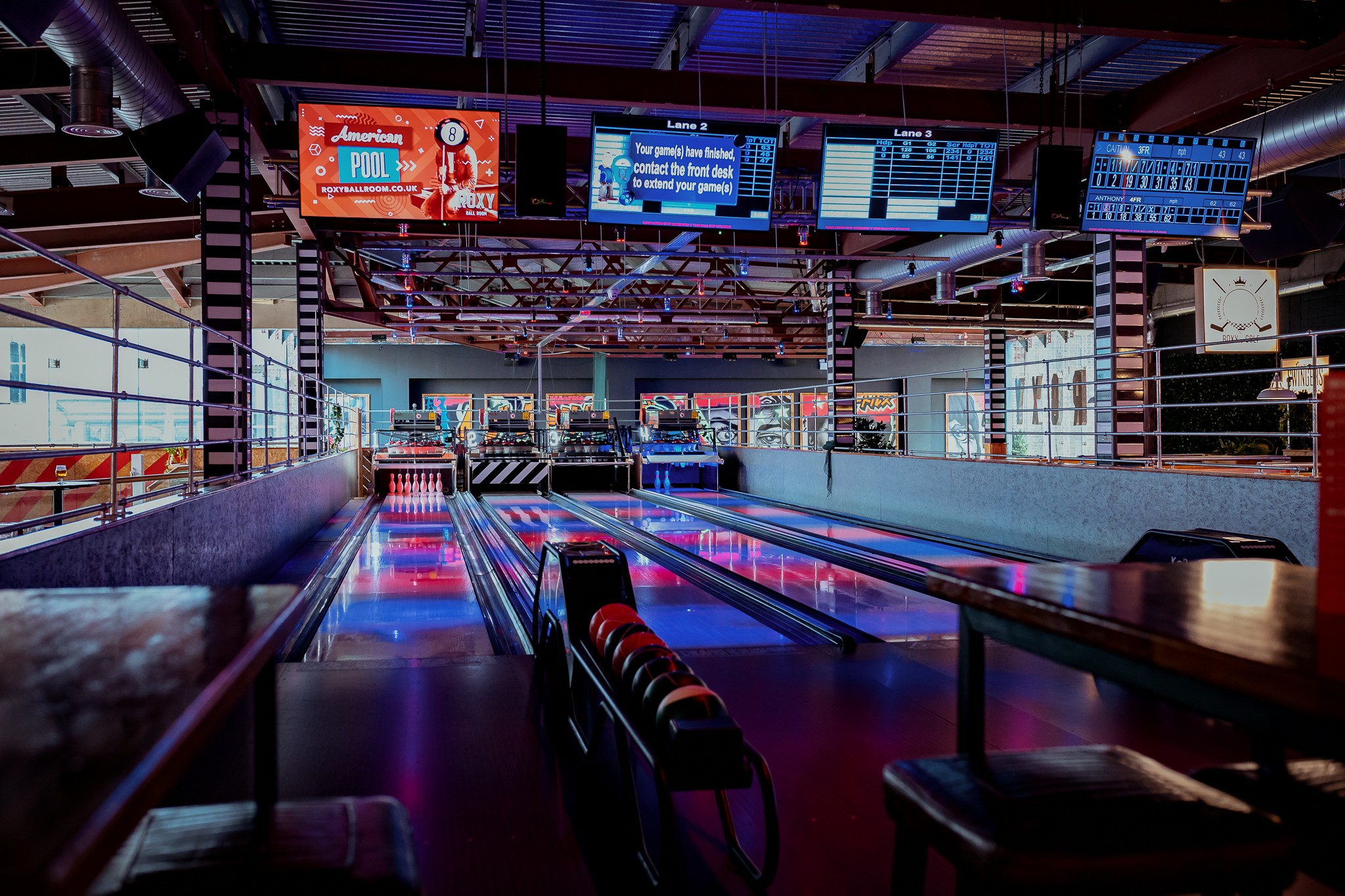 Vibrant bowling lanes at Roxy Ball Room, Liverpool for corporate events and team-building.