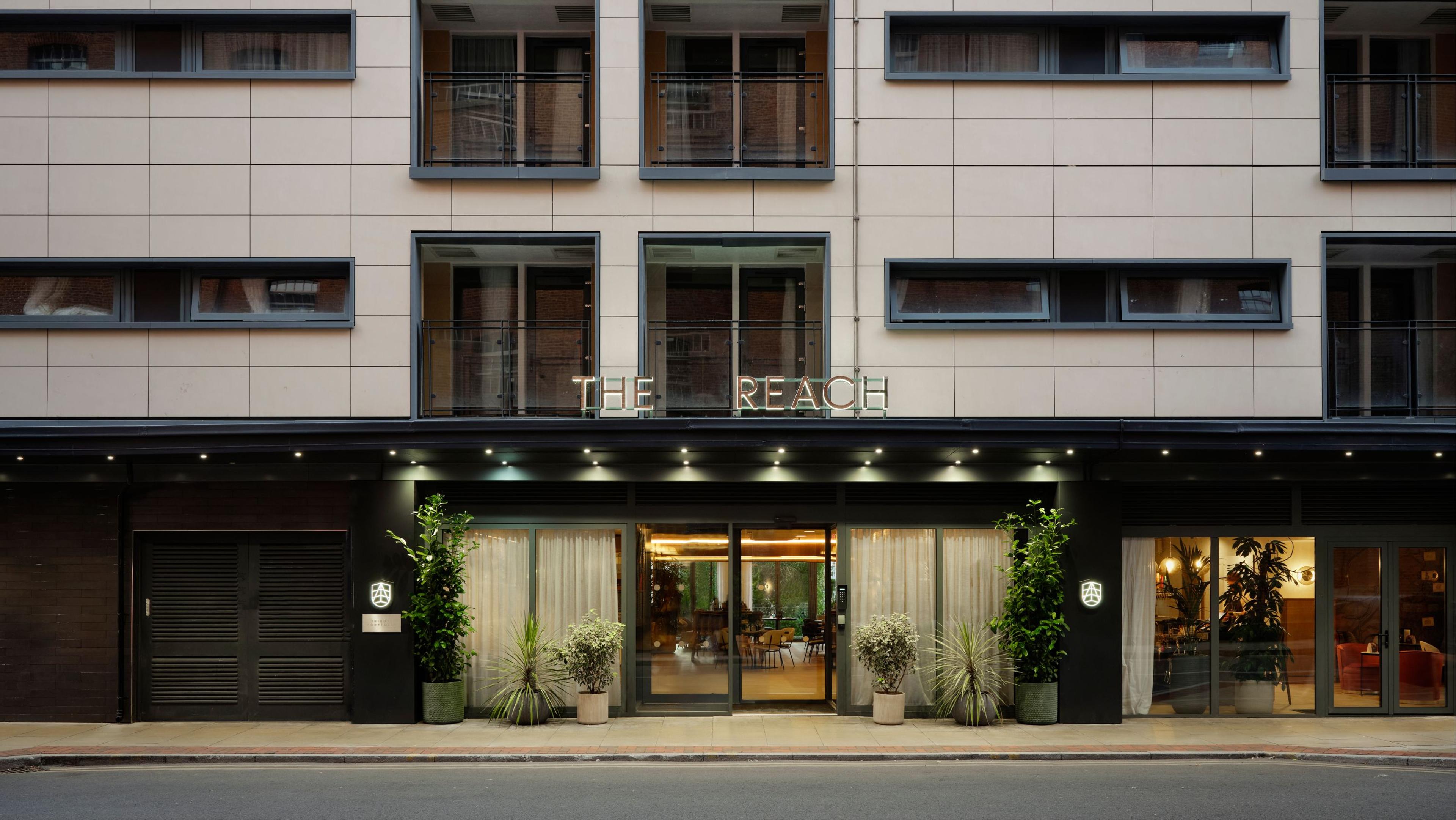 Modern hotel entrance at The Reach, ideal for corporate meetings and events in Manchester.