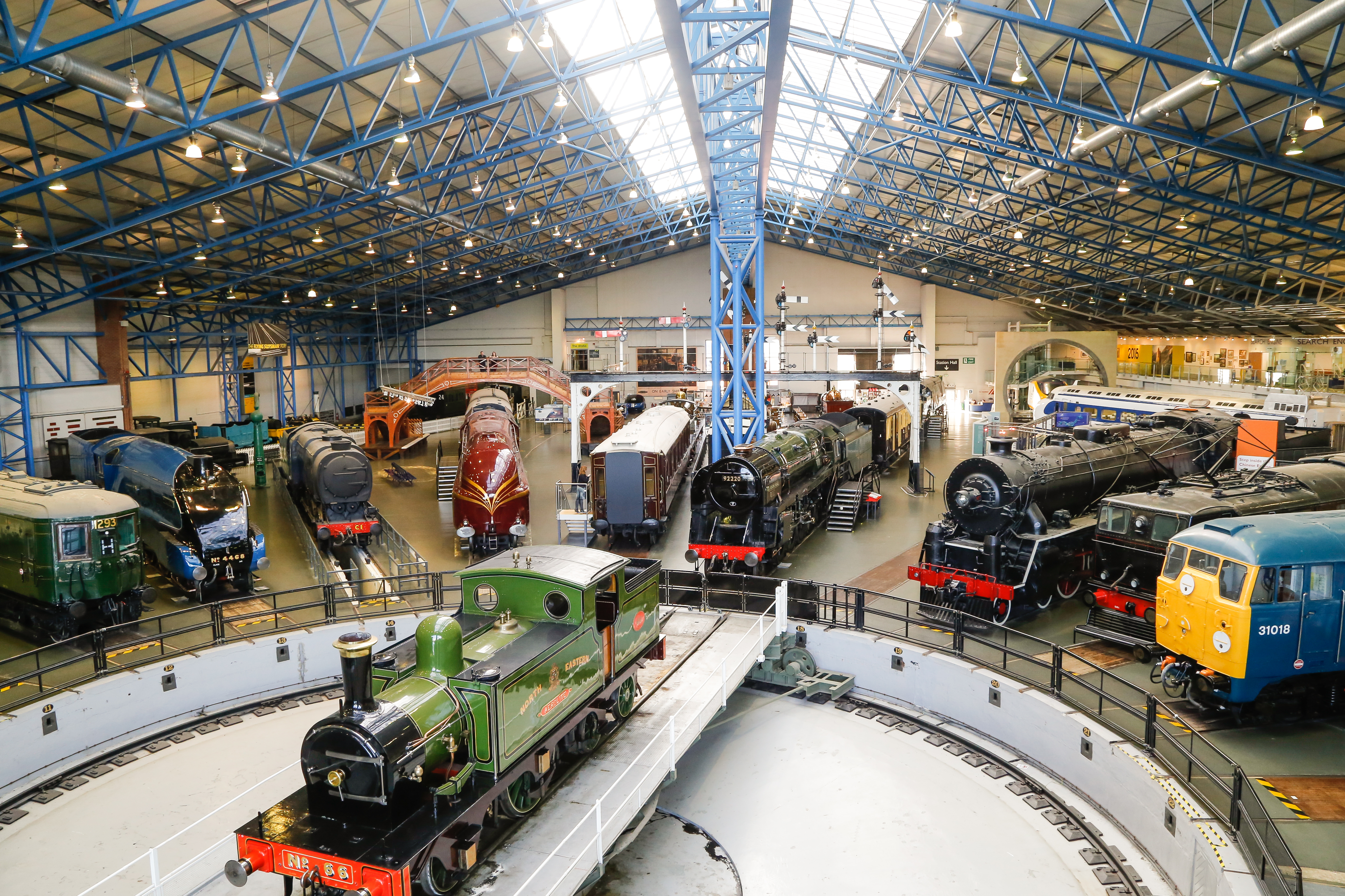 Great Hall at National Railway Museum with vintage locomotives, perfect for events and gatherings.