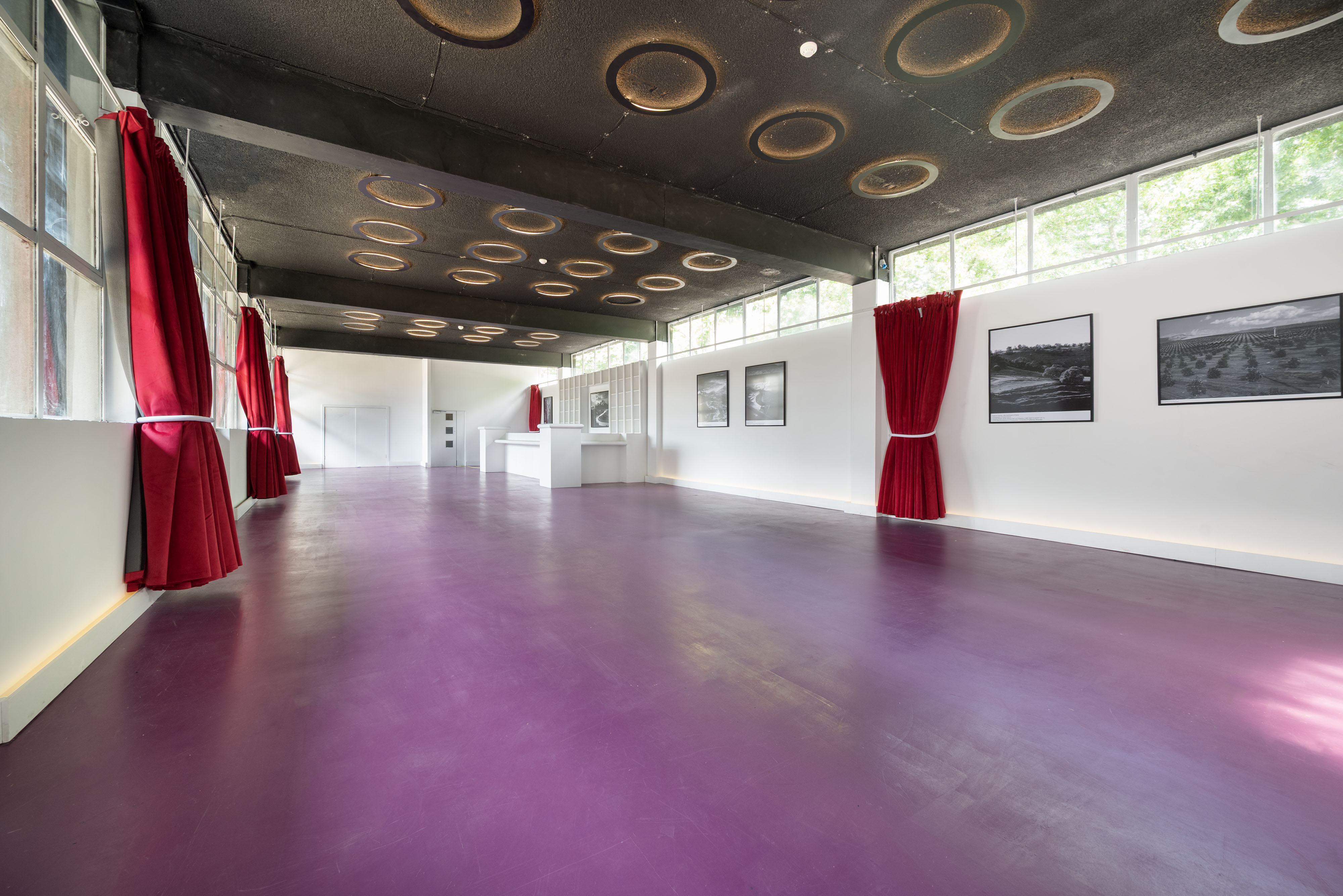The Red Velvet Venue: modern event space with purple flooring, ideal for exhibitions and workshops.