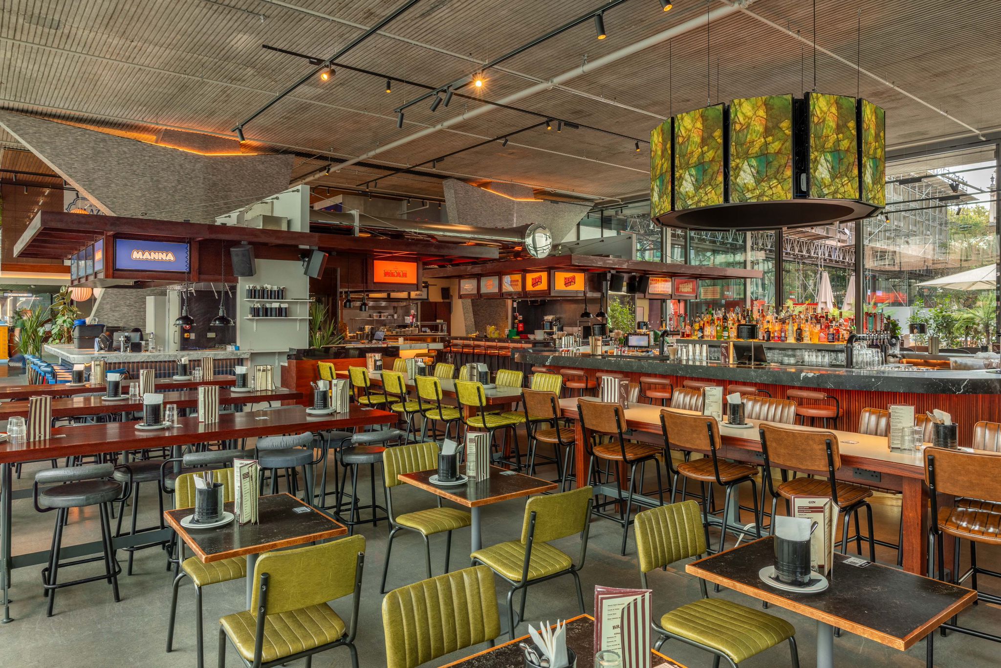 Modern venue at Tottenham Court Road with vibrant seating for casual events and networking.