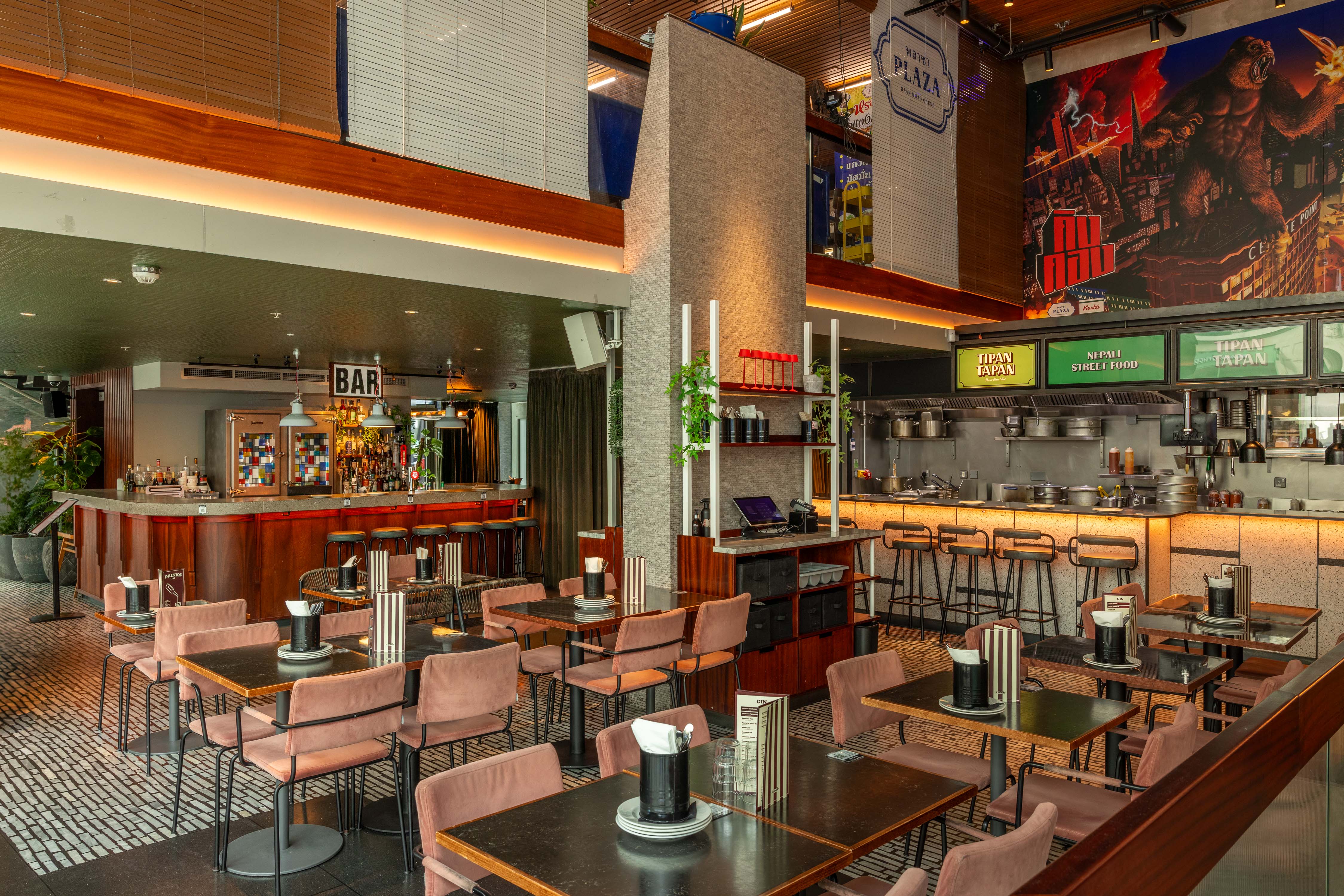 Modern restaurant venue with stylish decor for events, parties, and meetings.