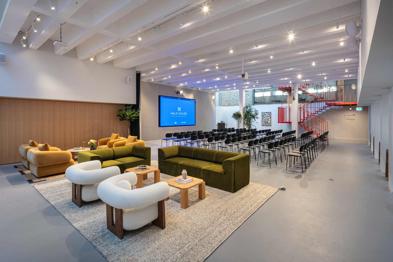 Hale House Events Lounge: Hybrid theater and networking space for corporate and social events.