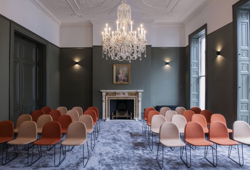 Mary Brancker at British Veterinary Association meeting space with elegant chandelier for discussions