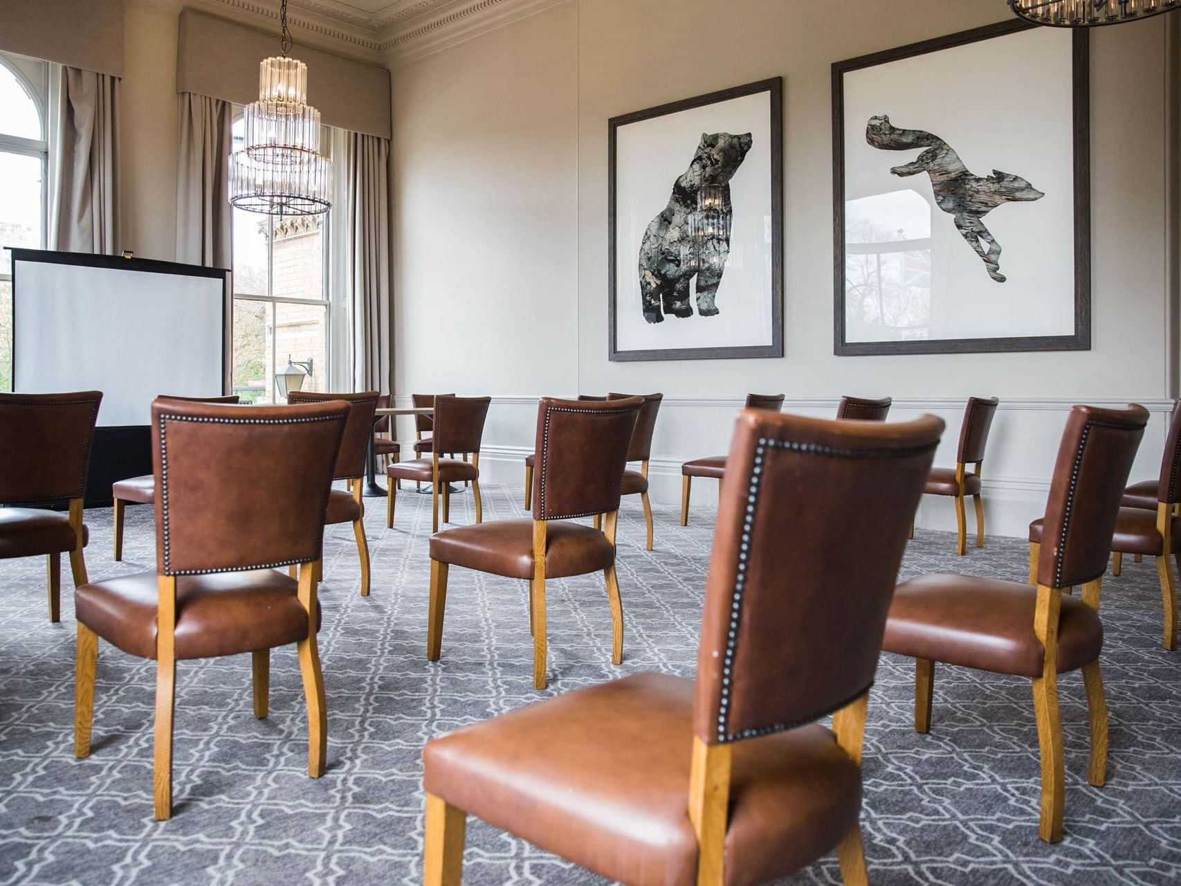 Ebor meeting space with leather chairs, perfect for professional events and presentations.