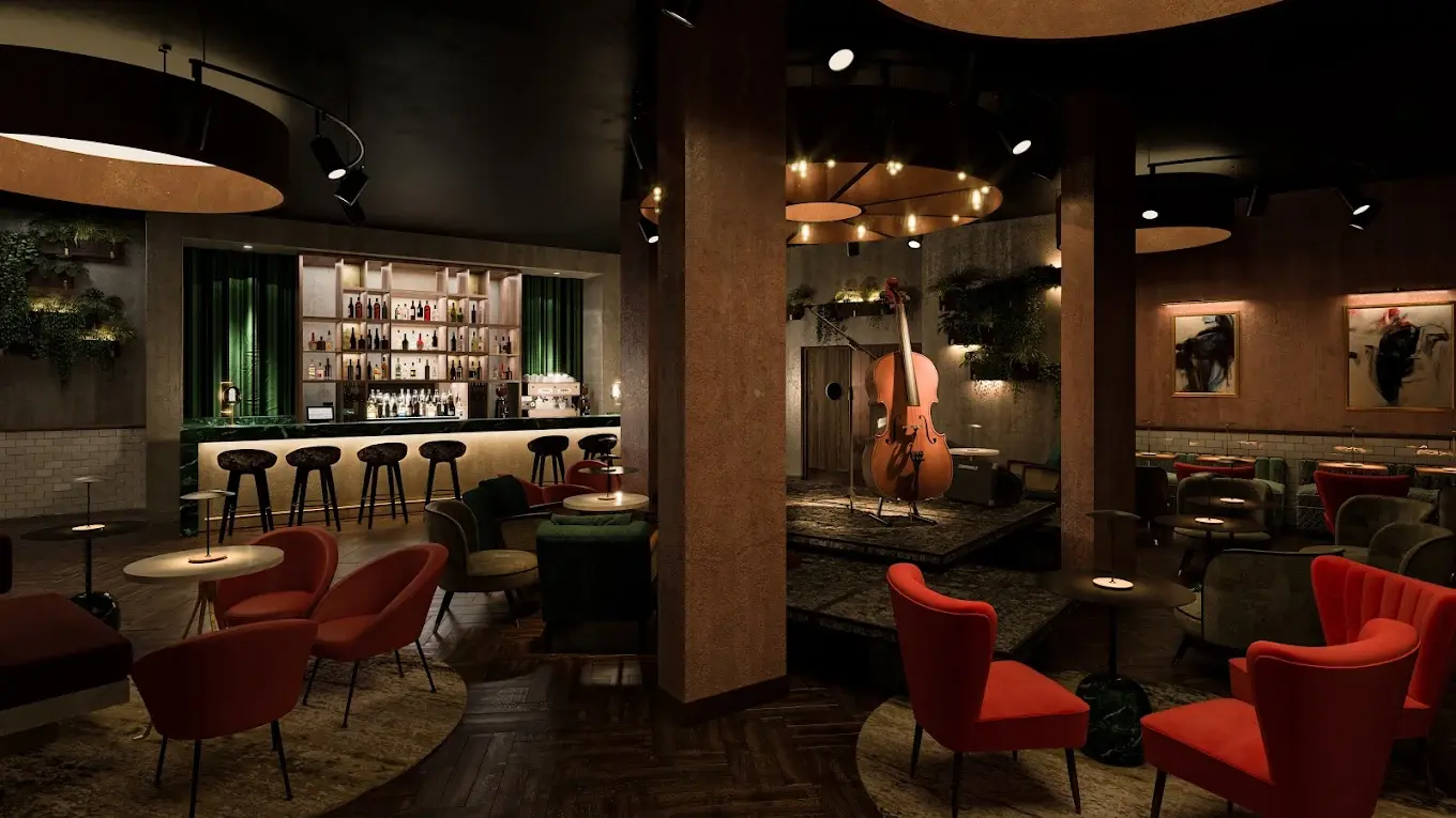 QT Basement Bar in Middle Eight: modern lounge for live events and intimate gatherings.