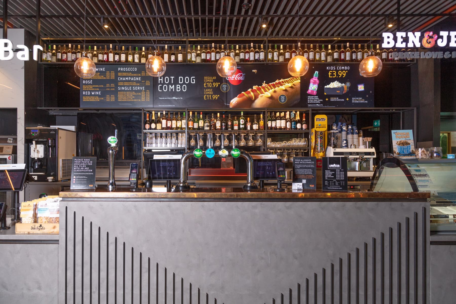 Vue Bristol concession stand with illuminated signage for event food and beverage catering.