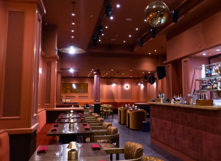 Shakara main room lounge with disco ball for upscale cocktail hour and corporate event venue.