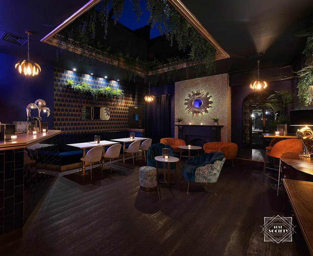 Stylish venue with moody lighting, perfect for upscale events and private gatherings.