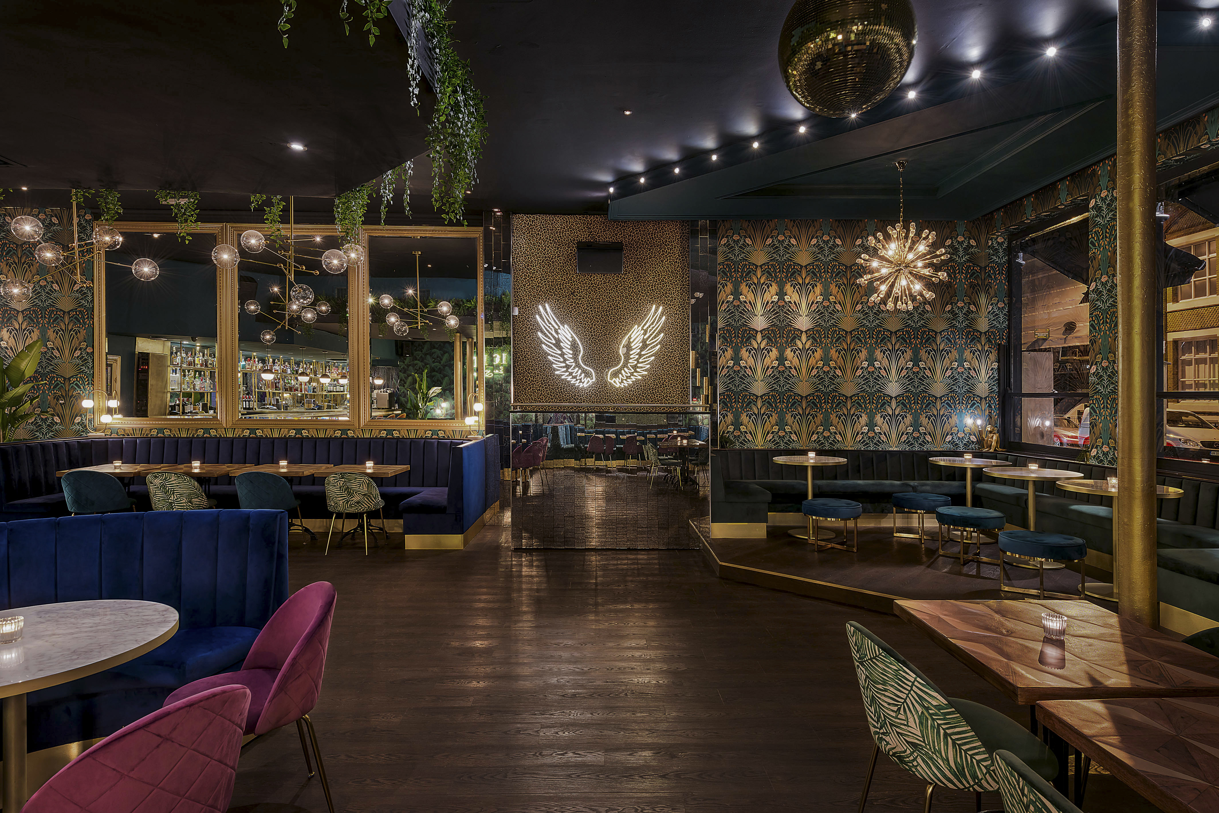 Stylish event venue at Lost Society with vibrant decor, perfect for gatherings and receptions.