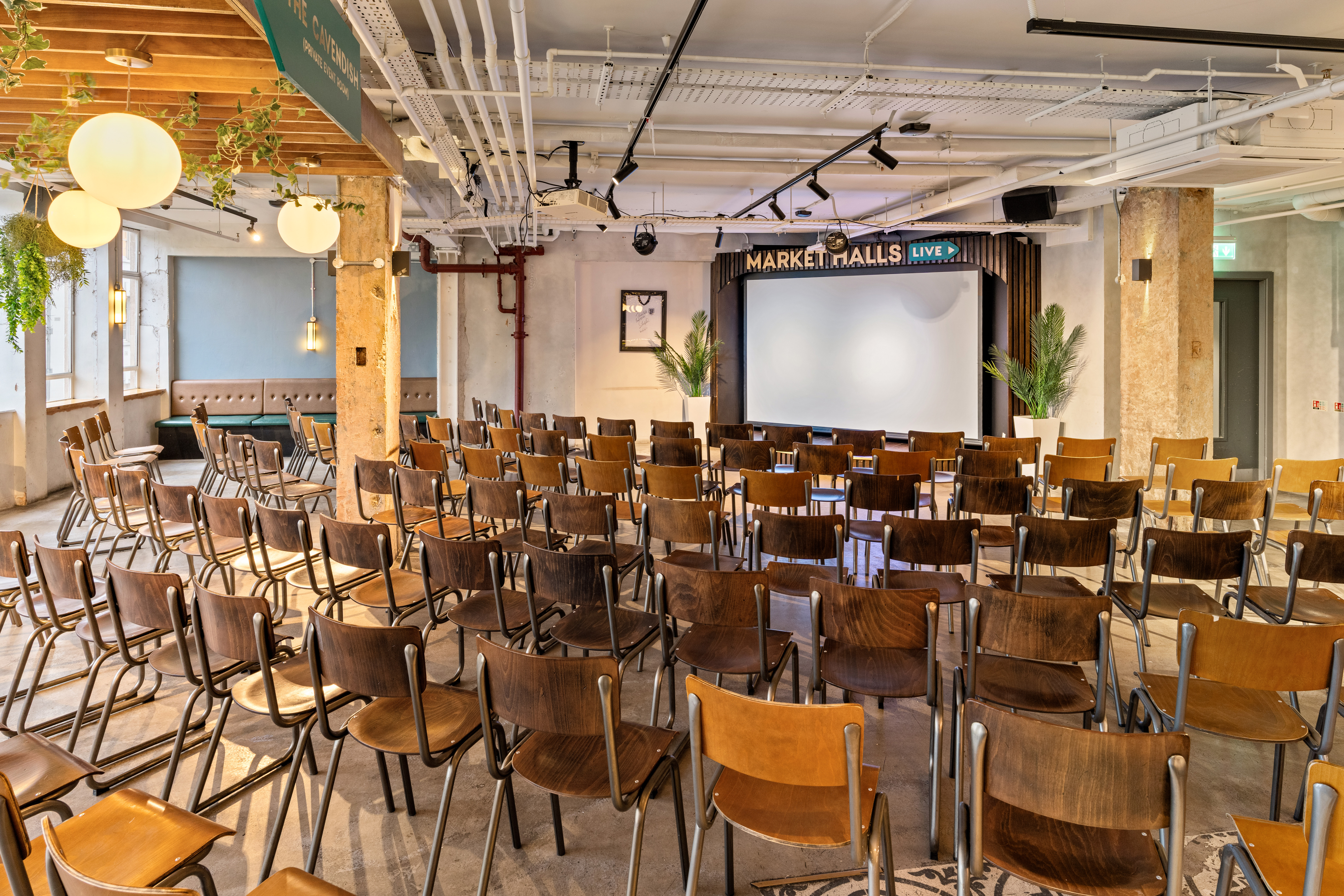 Versatile event space in Market Halls, ideal for corporate presentations and workshops.