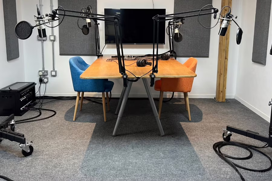 Podcast Studio in Future Leap Clifton with modern mic setup for corporate events.
