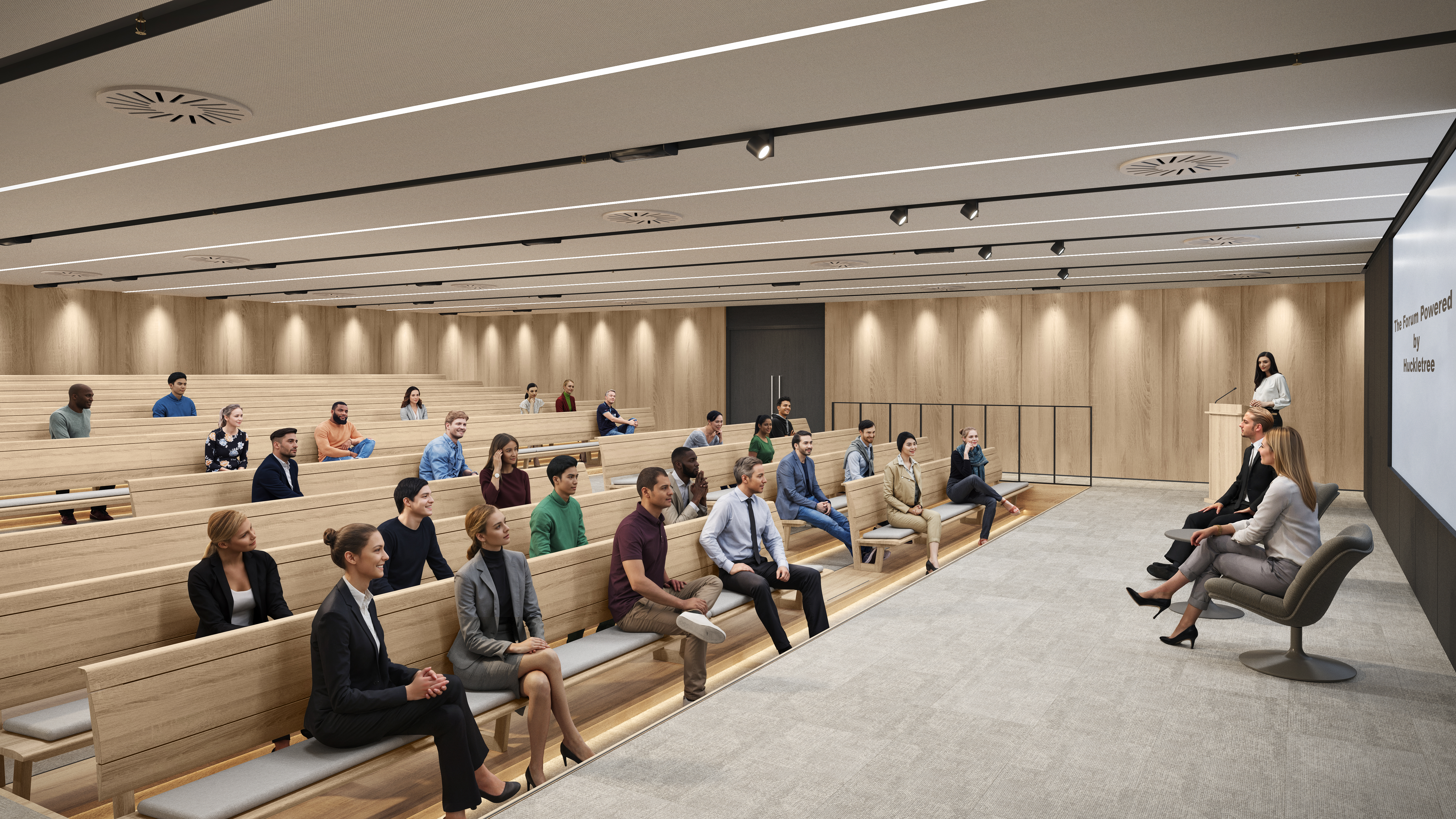 Modern conference room with tiered seating for lectures and panel discussions.