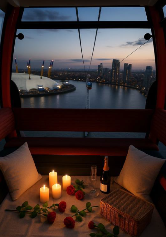 Luxury cable car cabin in London with skyline views, perfect for exclusive gatherings.