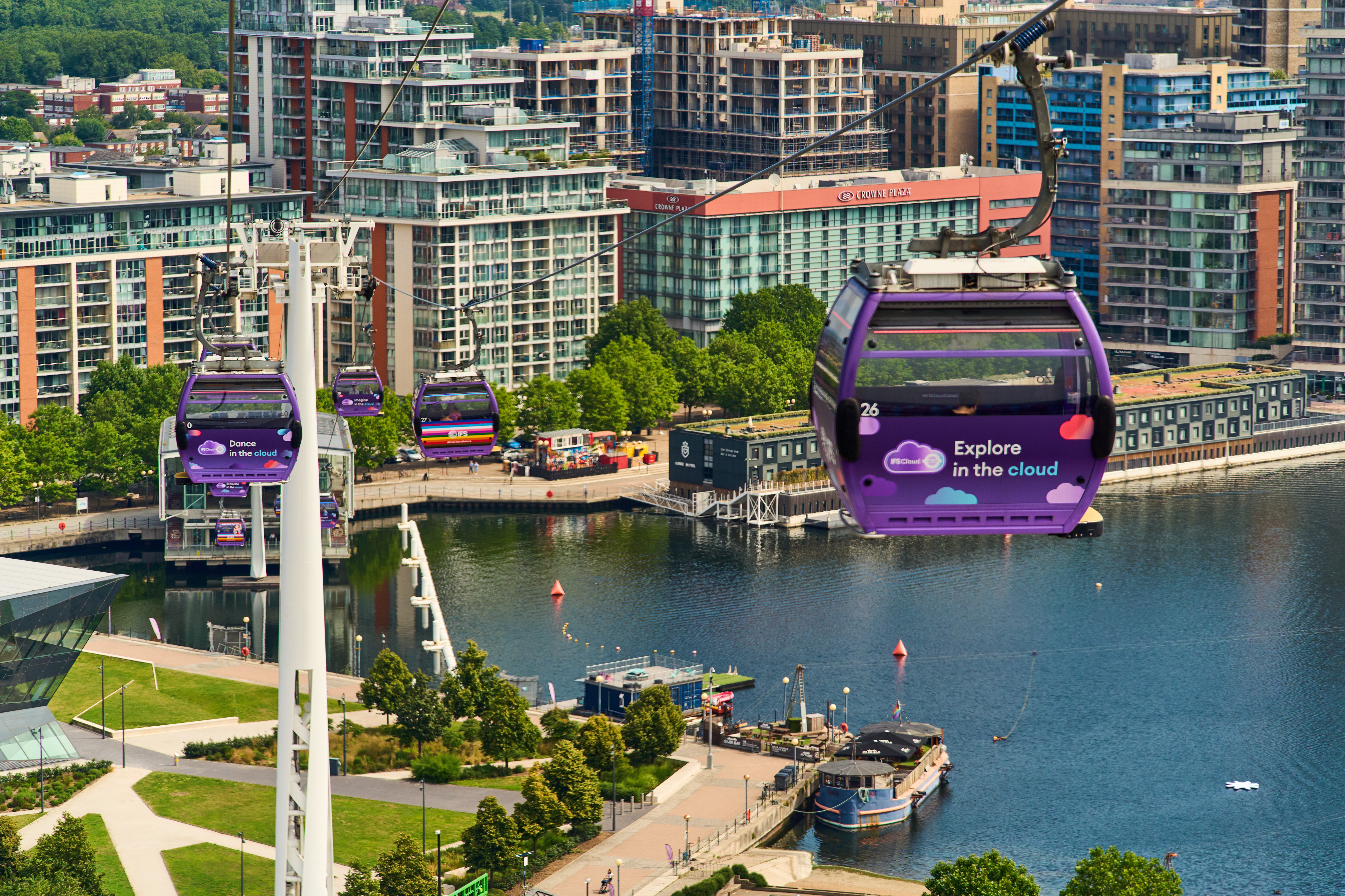 Colorful London cable car cabin with scenic views for conferences and outdoor events.