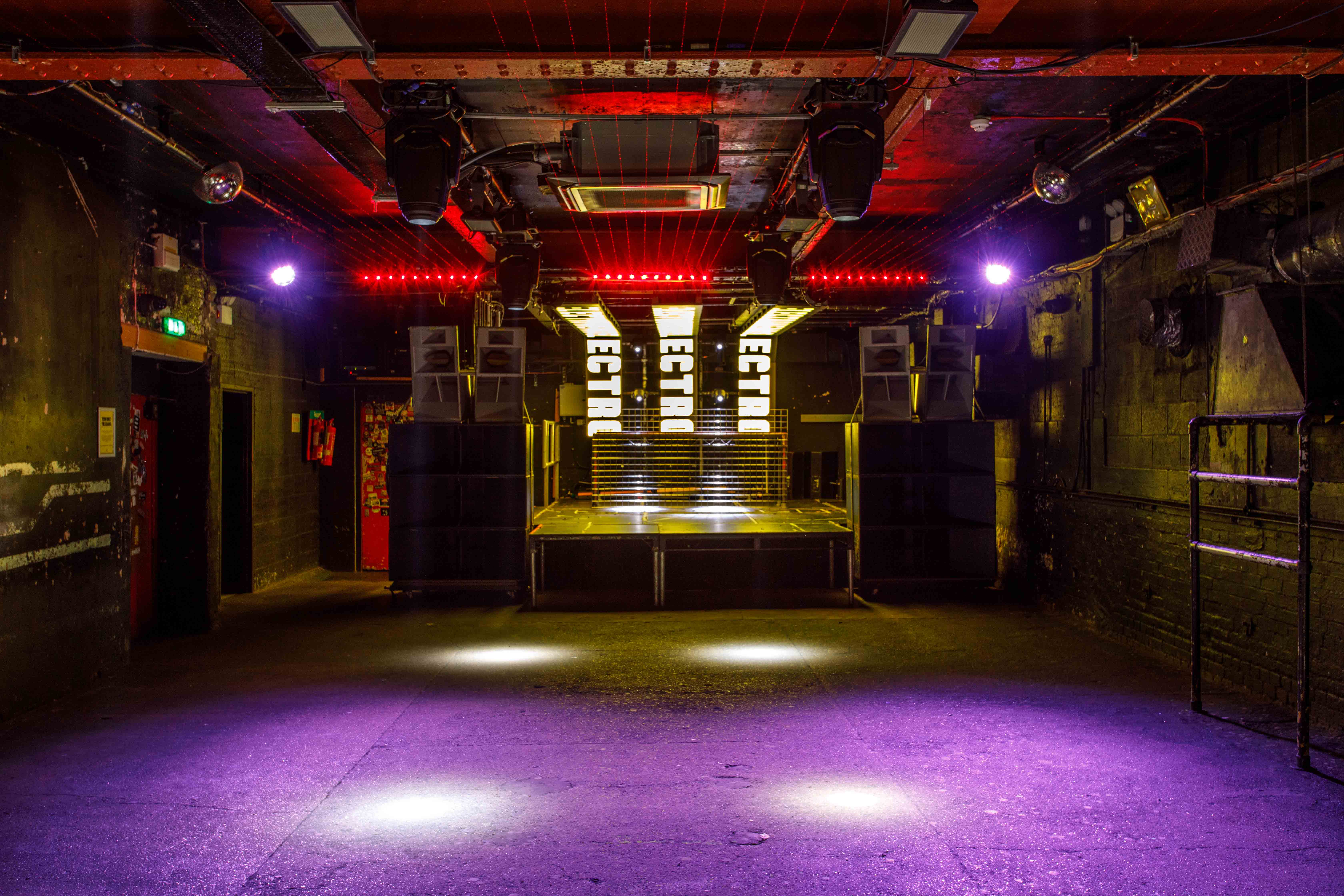 Versatile event space at Electrowerkz with stage and lighting for live events and parties.