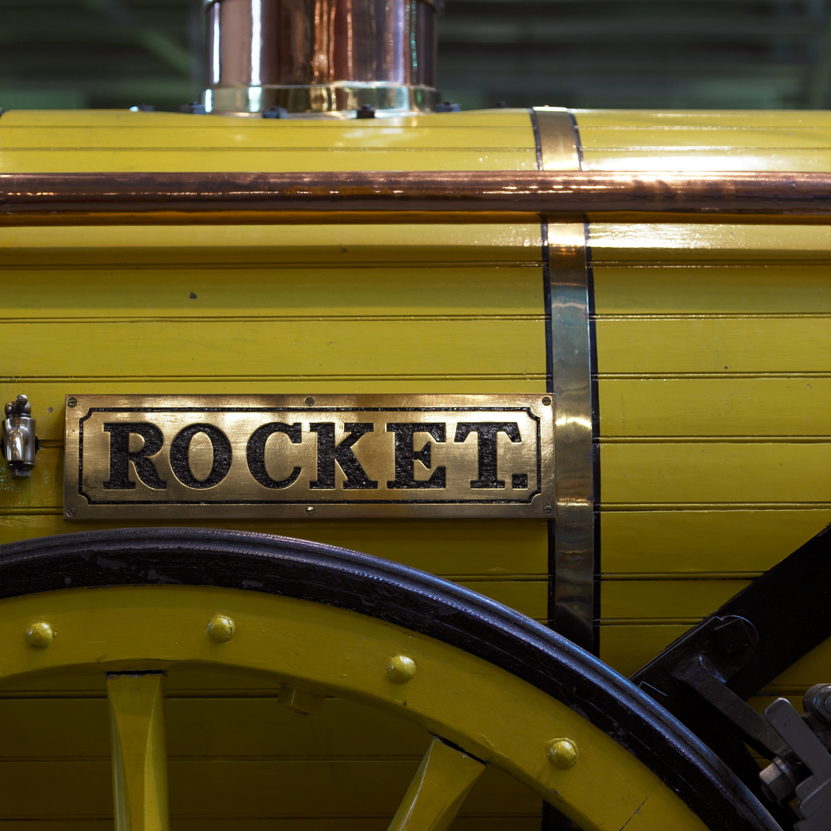 "Close-up of Rocket vintage vehicle with brass details at National Railway Museum events."