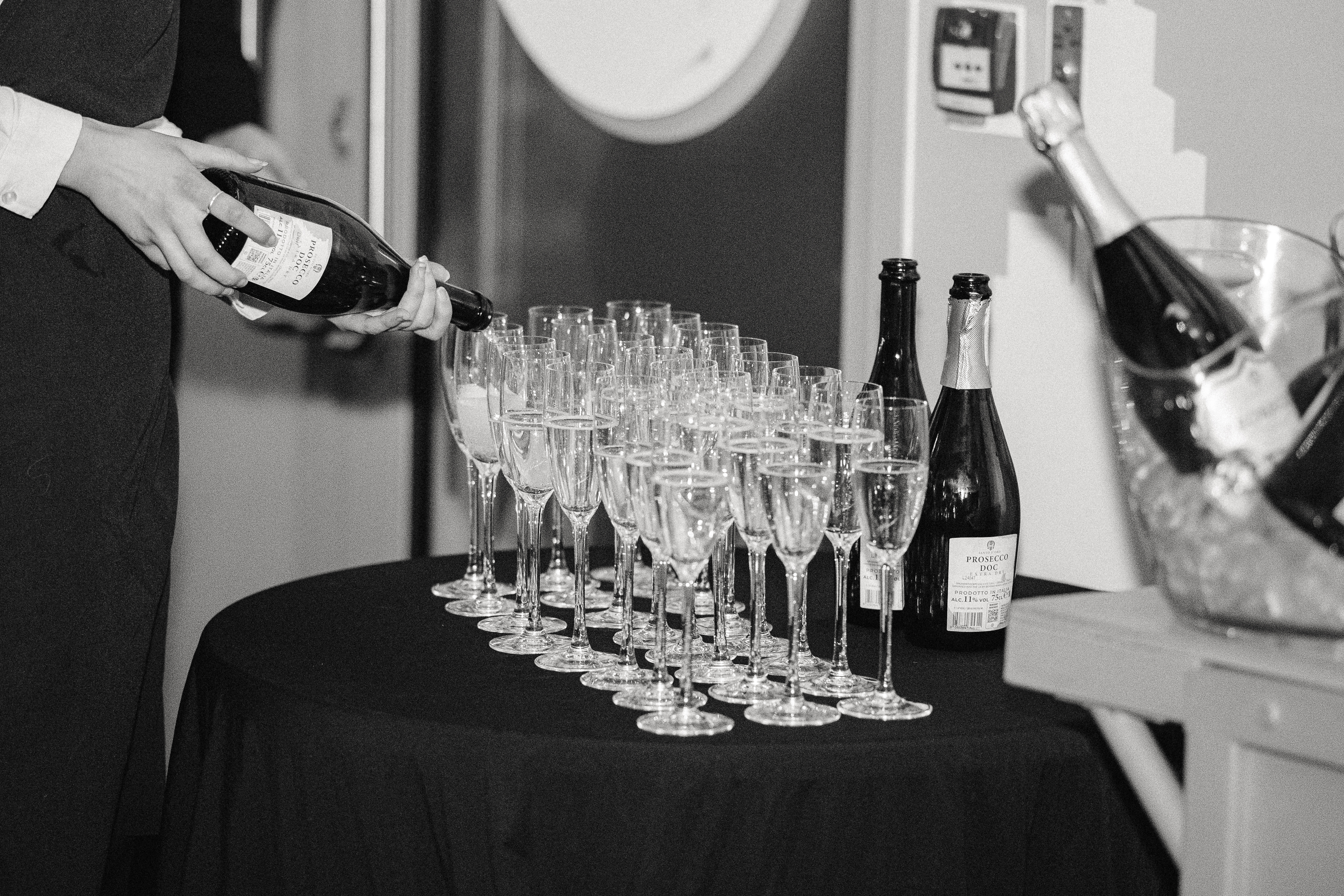Champagne station at IFS Cloud Cable Car for elegant Christmas parties in London.
