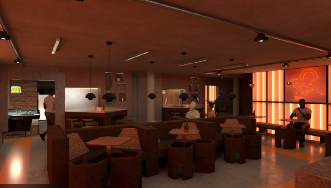 Modern event space at Salon Madre with warm lighting, perfect for networking and meetings.