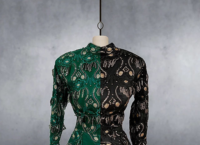 Elegant dress with contrasting colors at House of Mika Couture for gala events and parties.