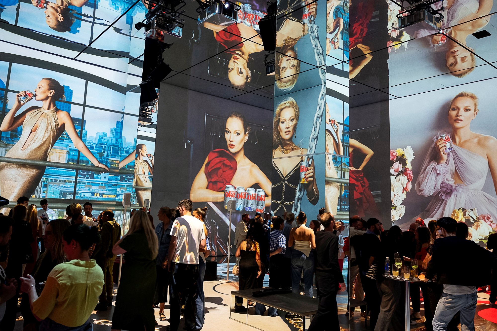 "Vibrant event space with large digital displays for fashion and product launches."